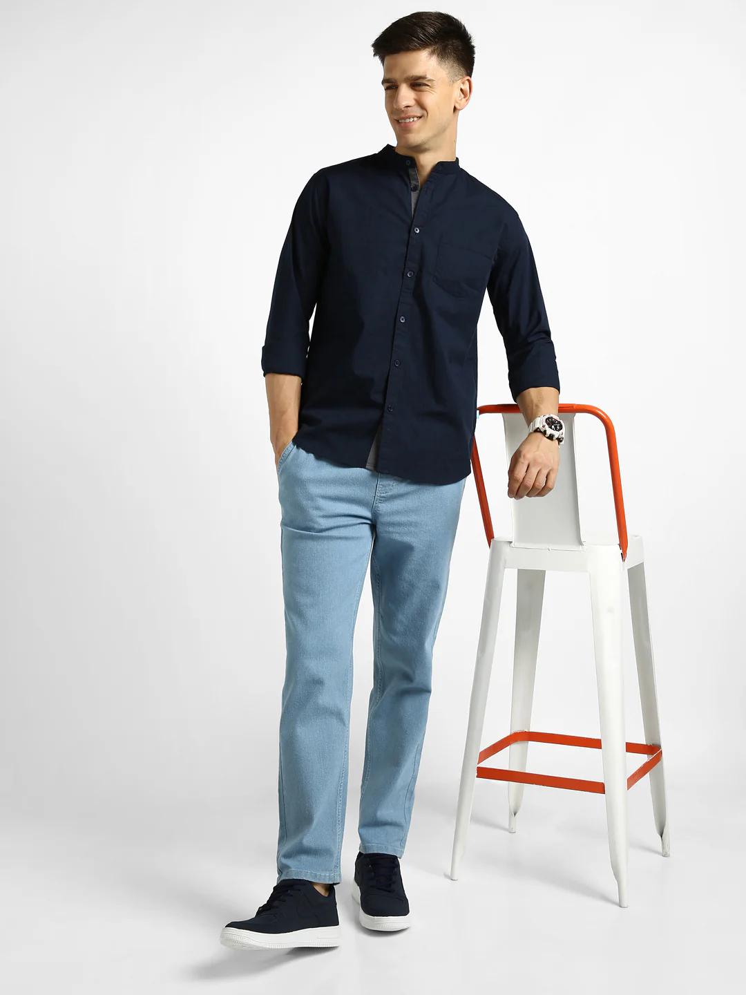 Men's Blue Cotton Full Sleeve Slim Fit Solid Shirt with Mandarin Collar - Image 4