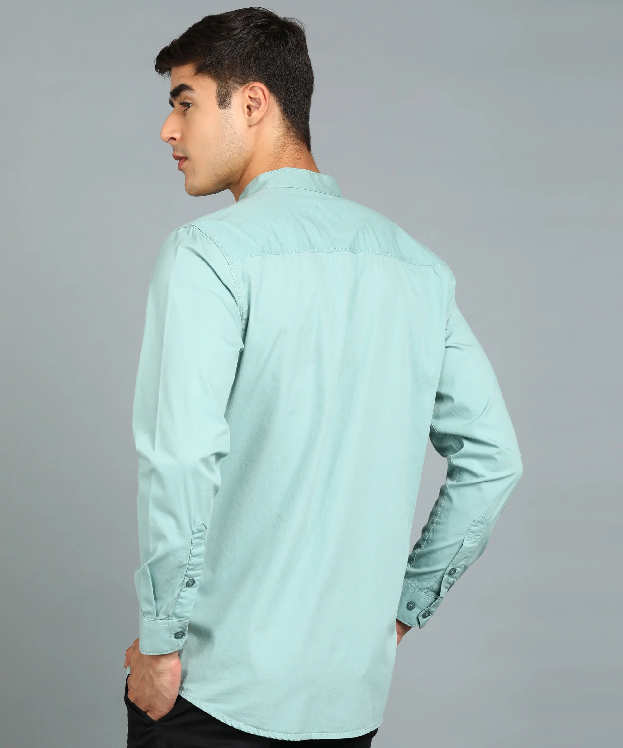 Men's Blue Cotton Full Sleeve Slim Fit Solid Shirt with Mandarin Collar - Image 3