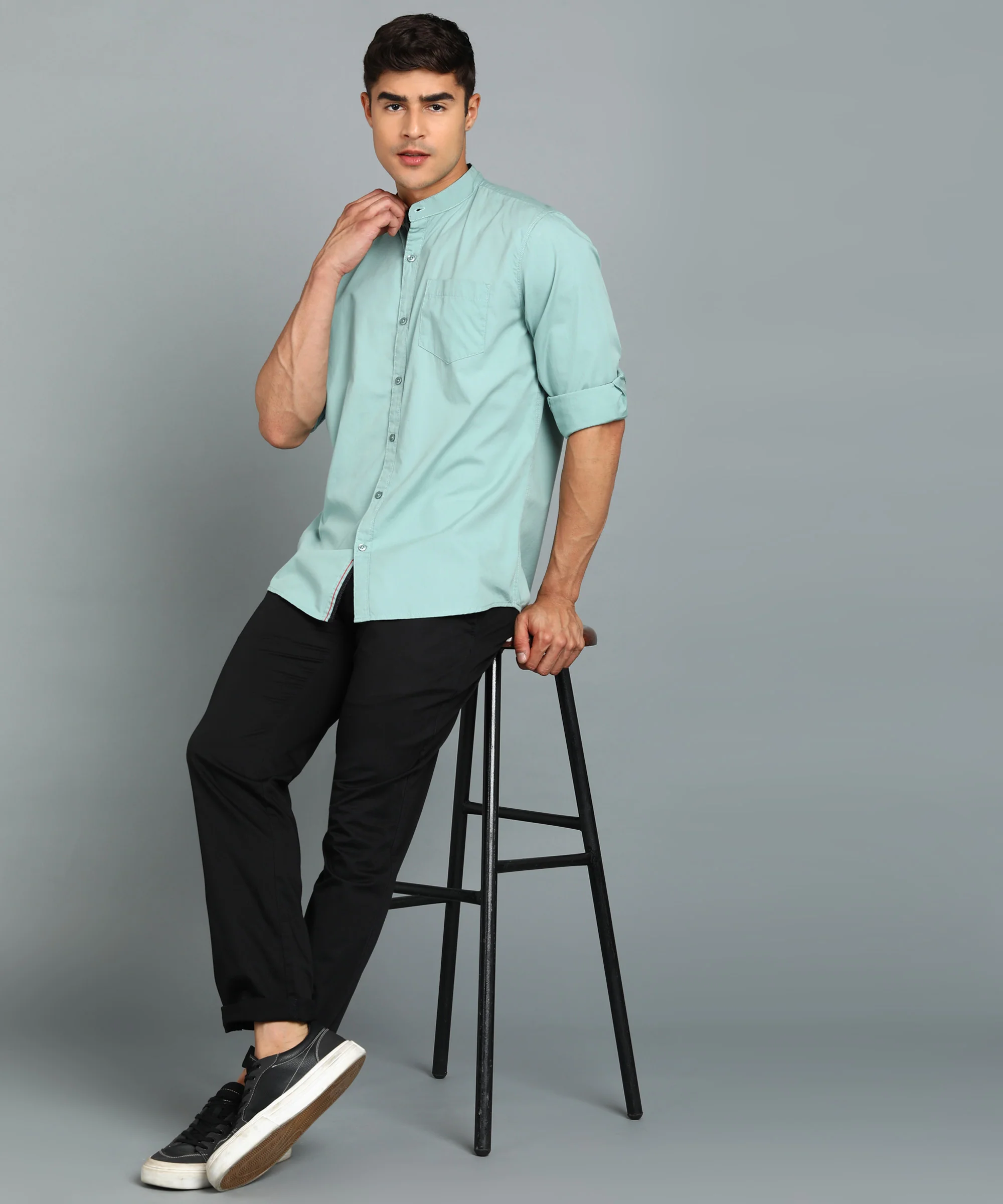 Men's Blue Cotton Full Sleeve Slim Fit Solid Shirt with Mandarin Collar - Image 4