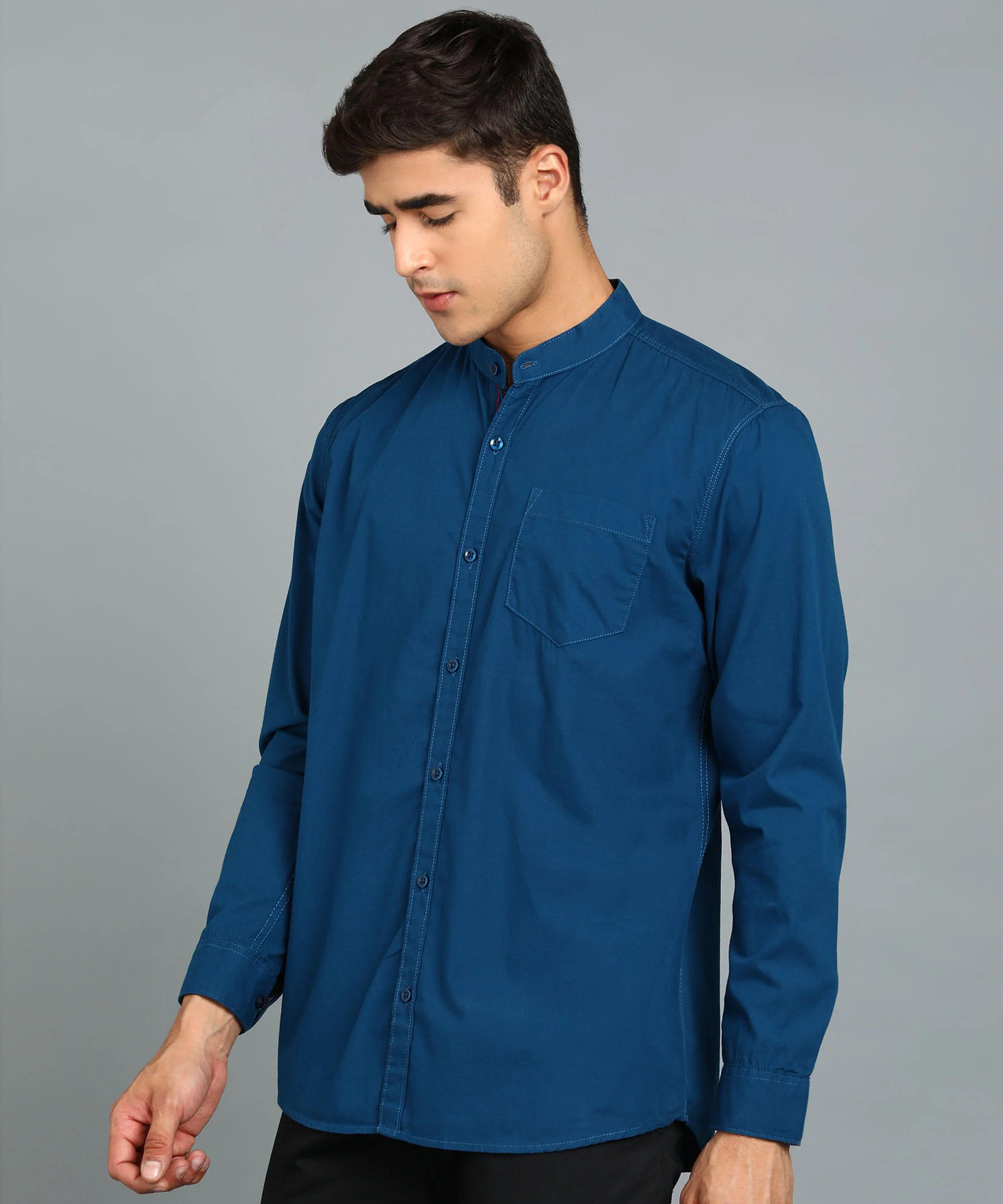 Men's Blue Cotton Full Sleeve Slim Fit Solid Shirt with Mandarin Collar - Image 2