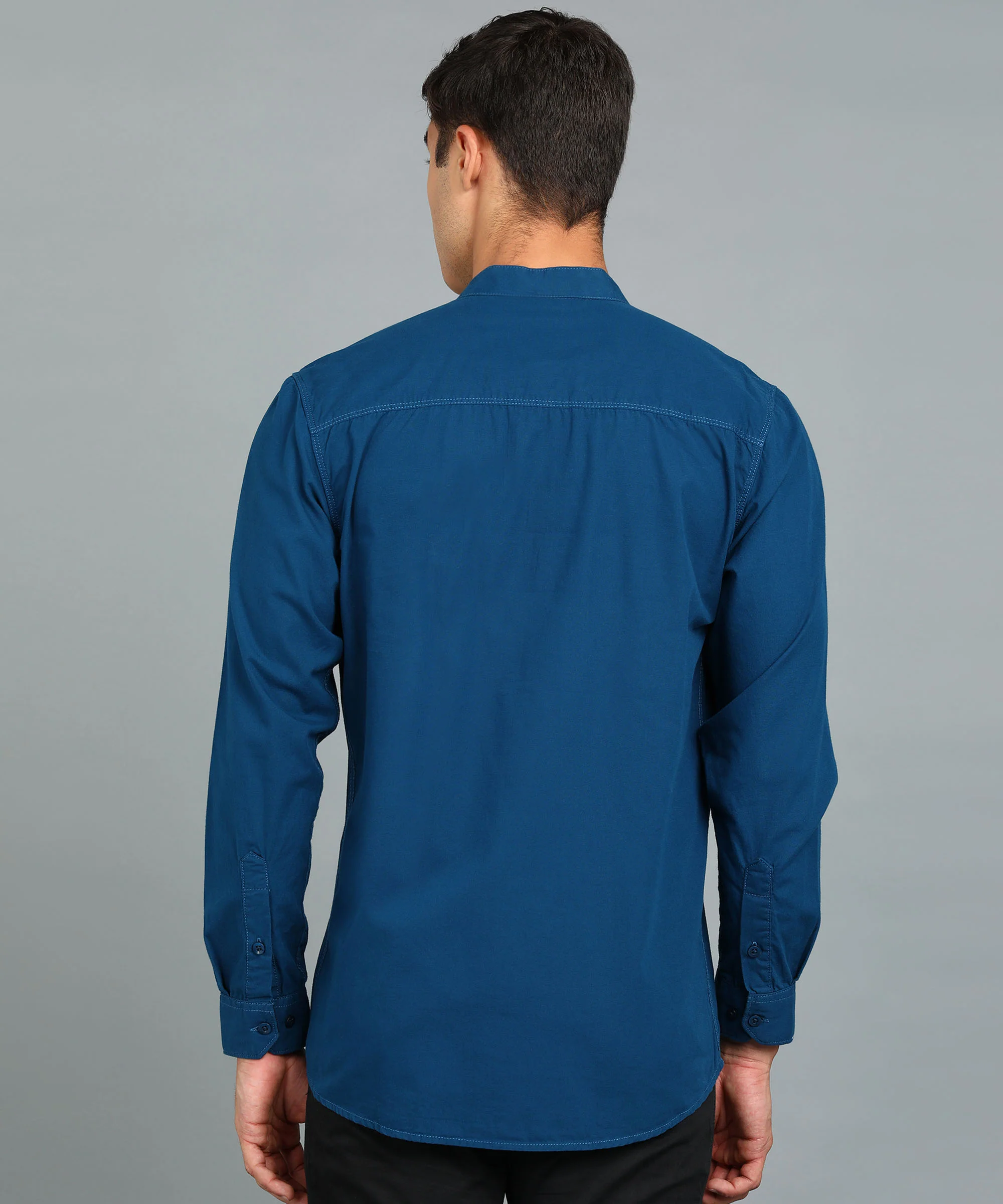 Men's Blue Cotton Full Sleeve Slim Fit Solid Shirt with Mandarin Collar - Image 3