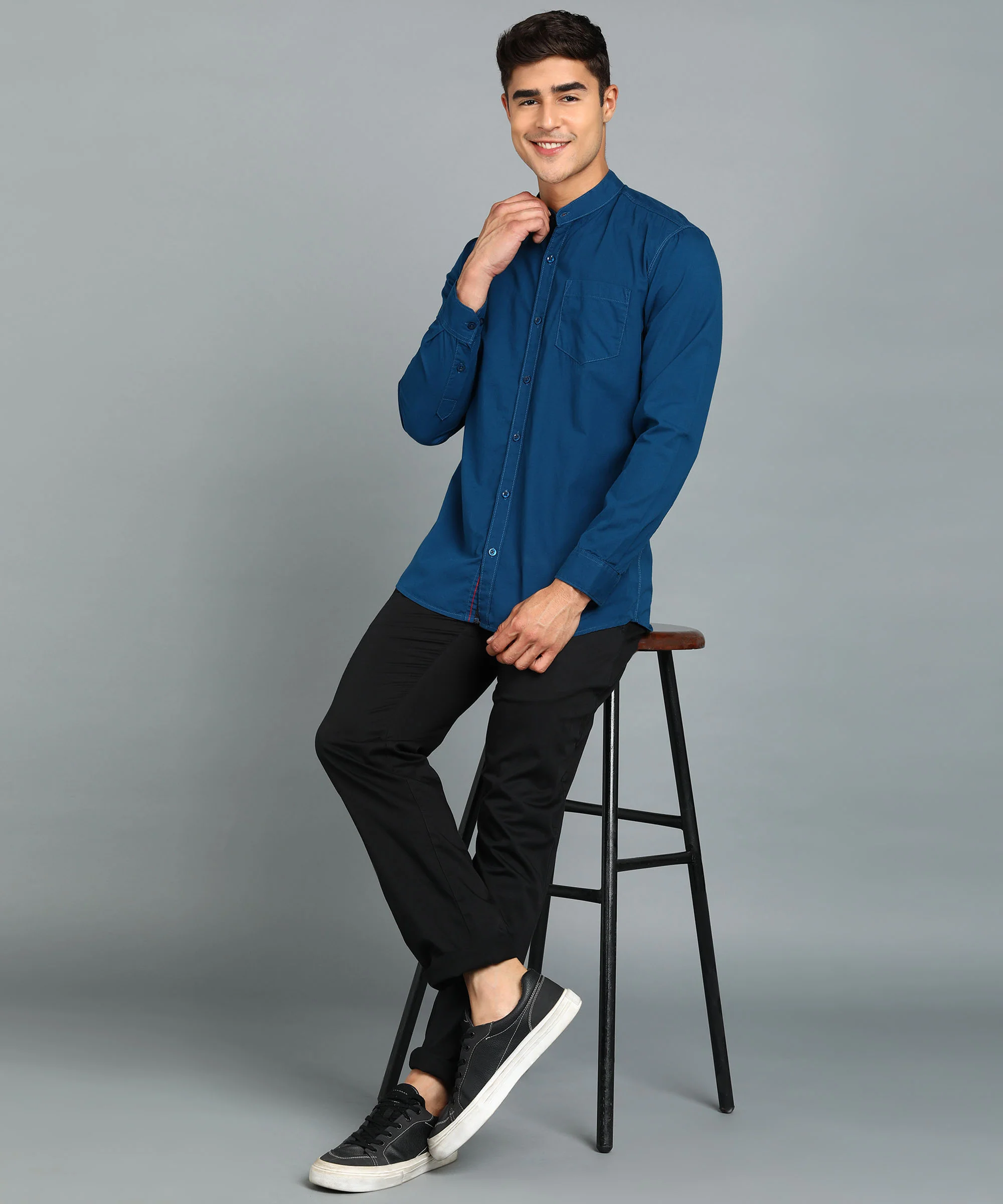 Men's Blue Cotton Full Sleeve Slim Fit Solid Shirt with Mandarin Collar - Image 4