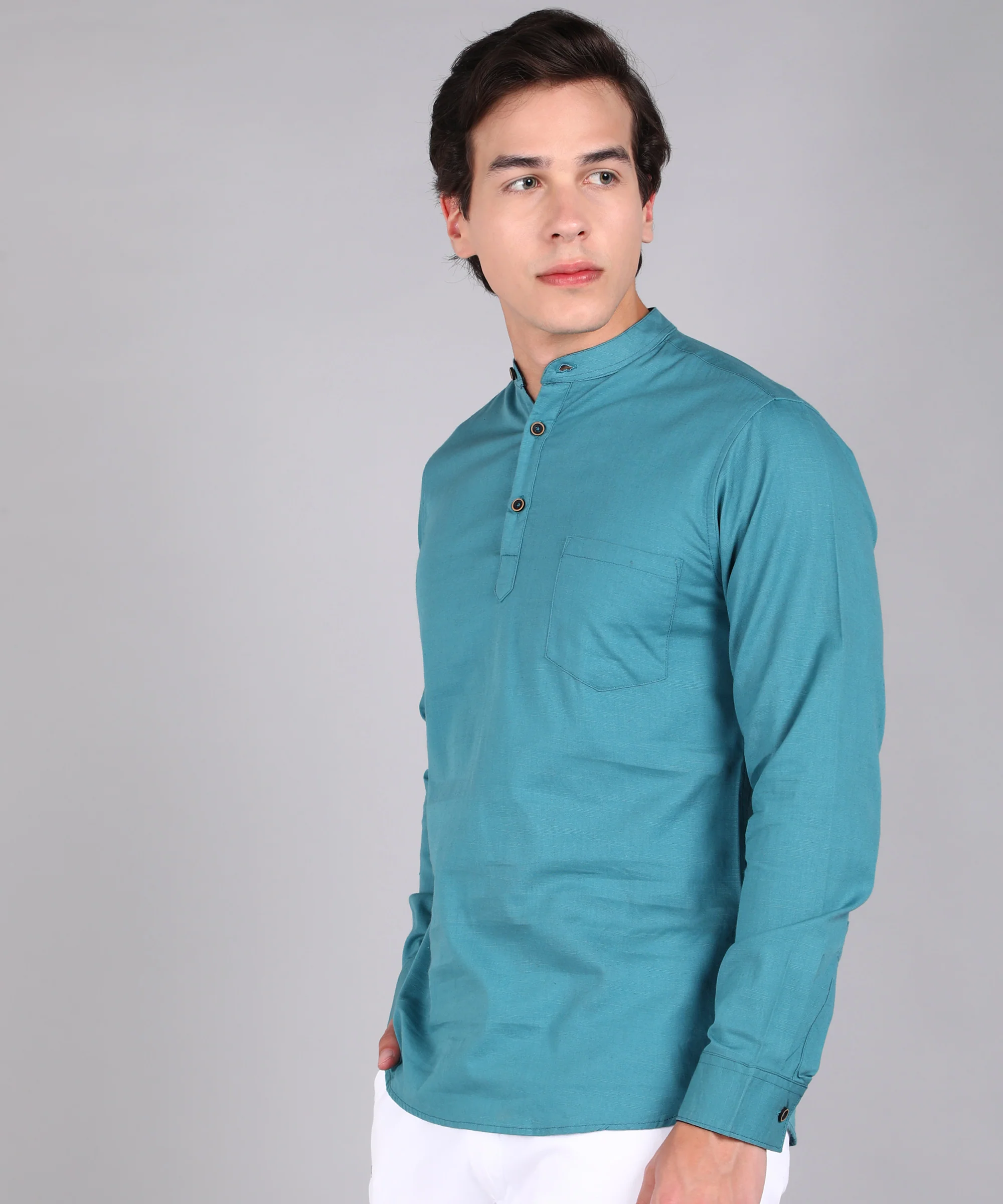 Men's Blue Cotton Full Sleeve Slim Fit Solid Shirt with Mandarin Collar - Image 2