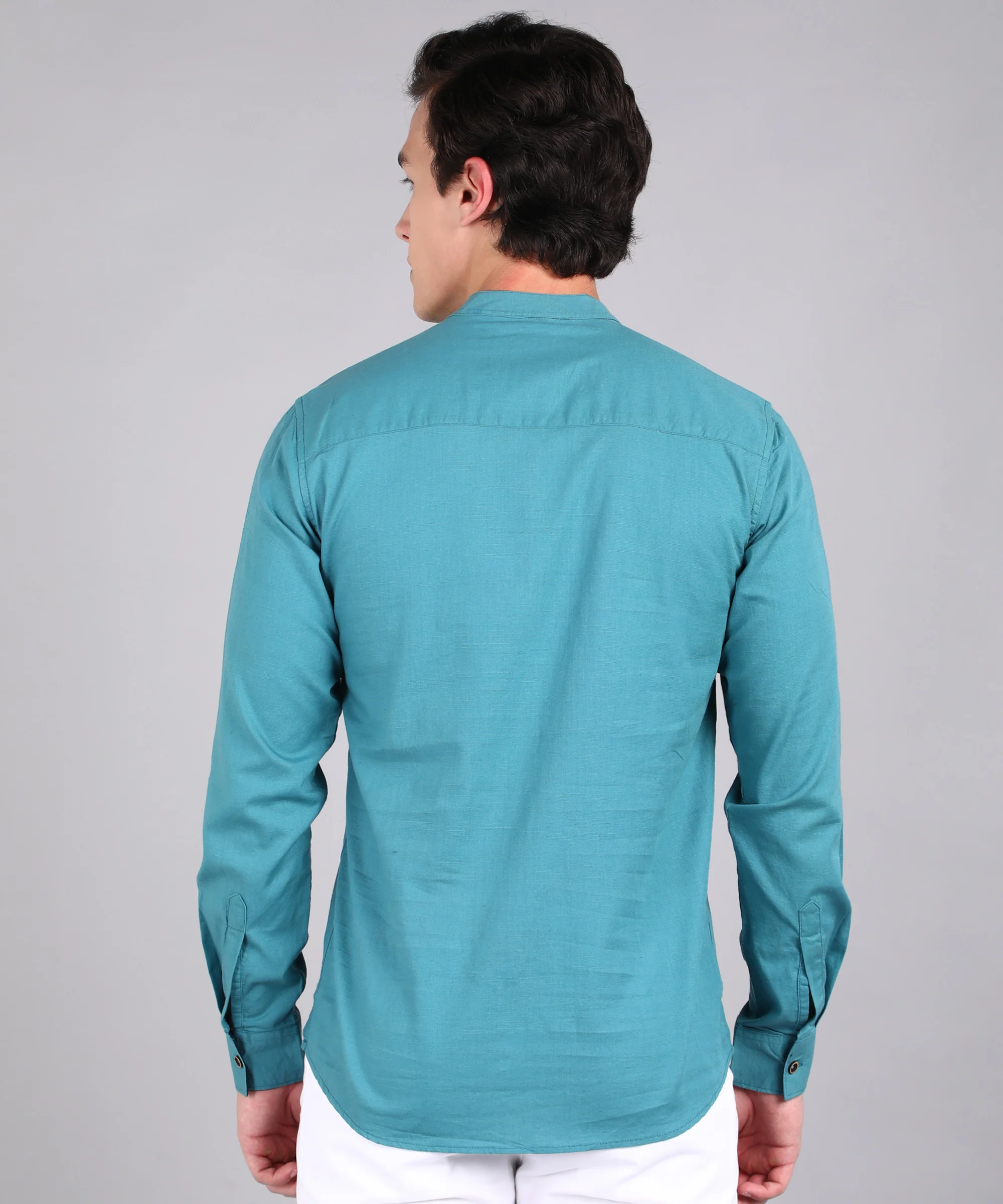 Men's Blue Cotton Full Sleeve Slim Fit Solid Shirt with Mandarin Collar - Image 3
