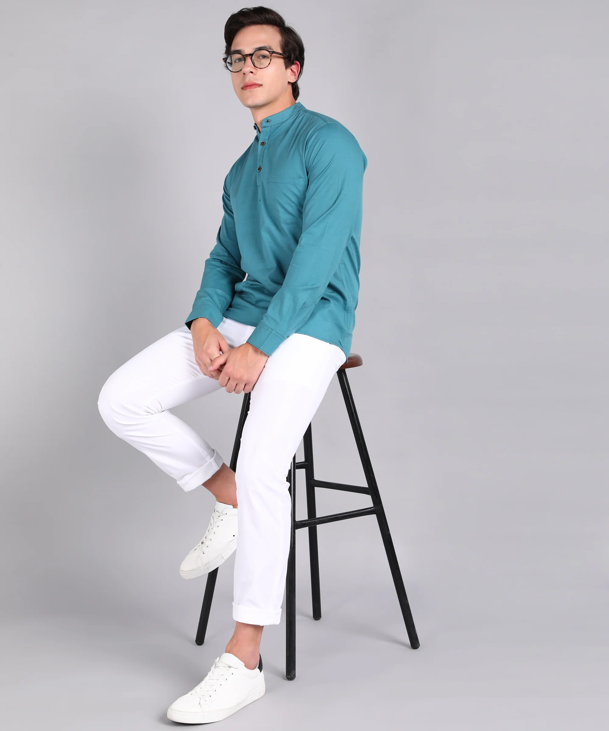 Men's Blue Cotton Full Sleeve Slim Fit Solid Shirt with Mandarin Collar - Image 4