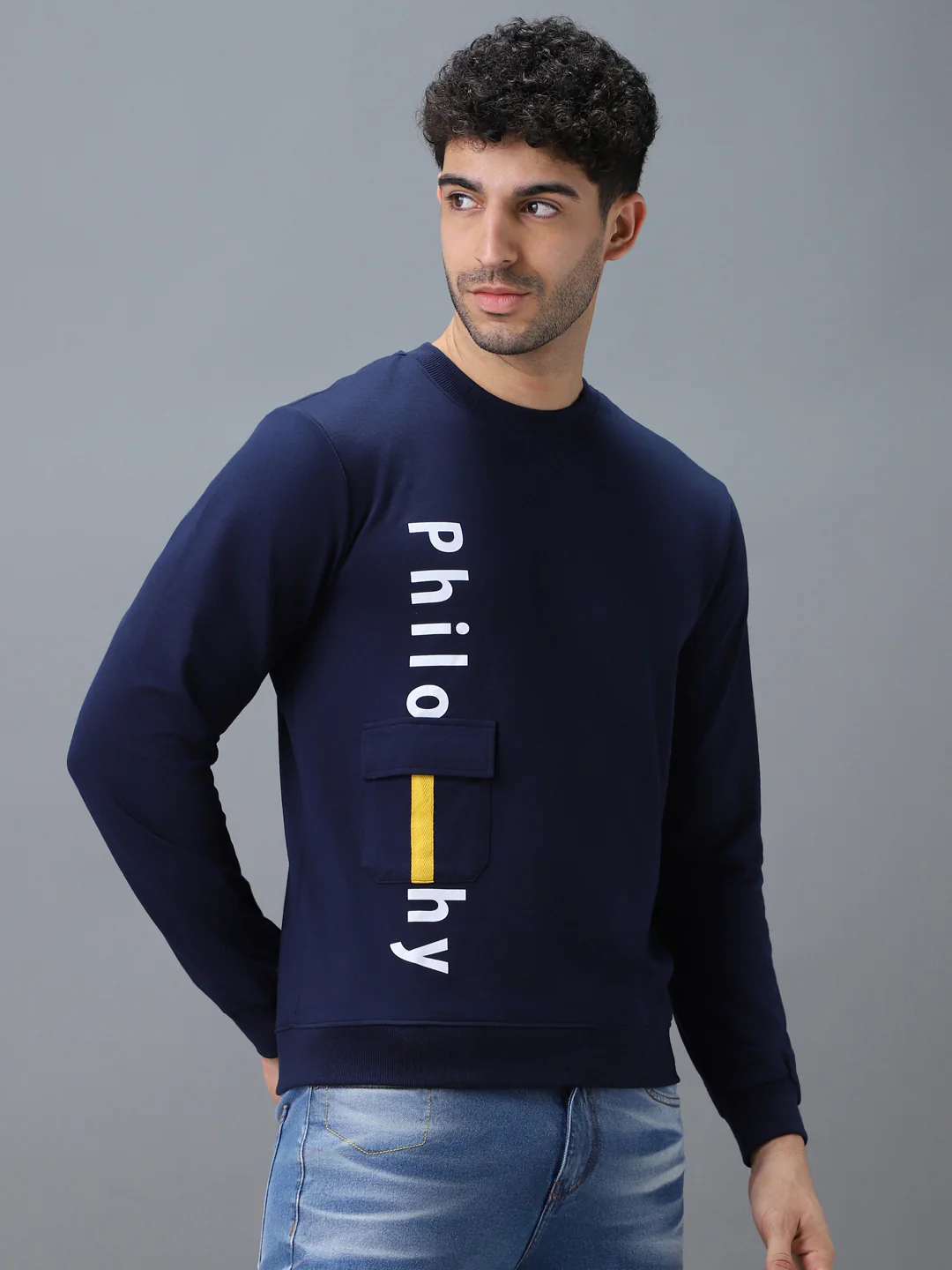 Men's Blue Cotton Graphic Print Round Neck Sweatshirt - Image 2