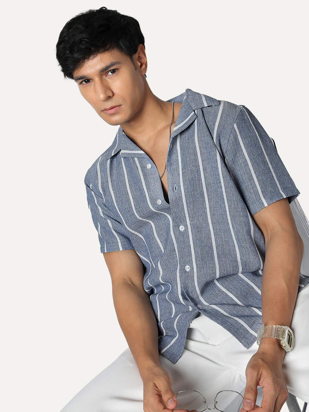 Men's Blue Cotton Half Sleeve Relaxed Fit Linen Striped Shirt with Cuban Collar - Image 2