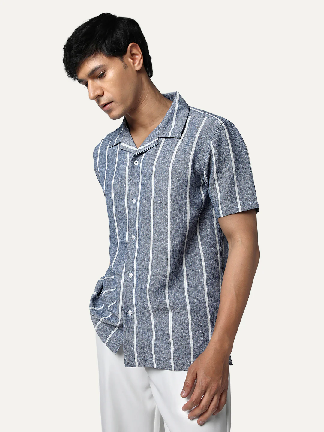 Men's Blue Cotton Half Sleeve Relaxed Fit Linen Striped Shirt with Cuban Collar - Image 3