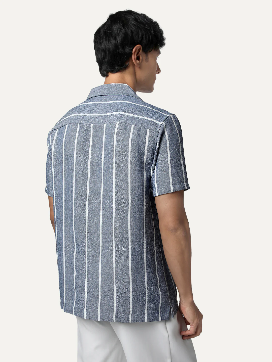 Men's Blue Cotton Half Sleeve Relaxed Fit Linen Striped Shirt with Cuban Collar - Image 4