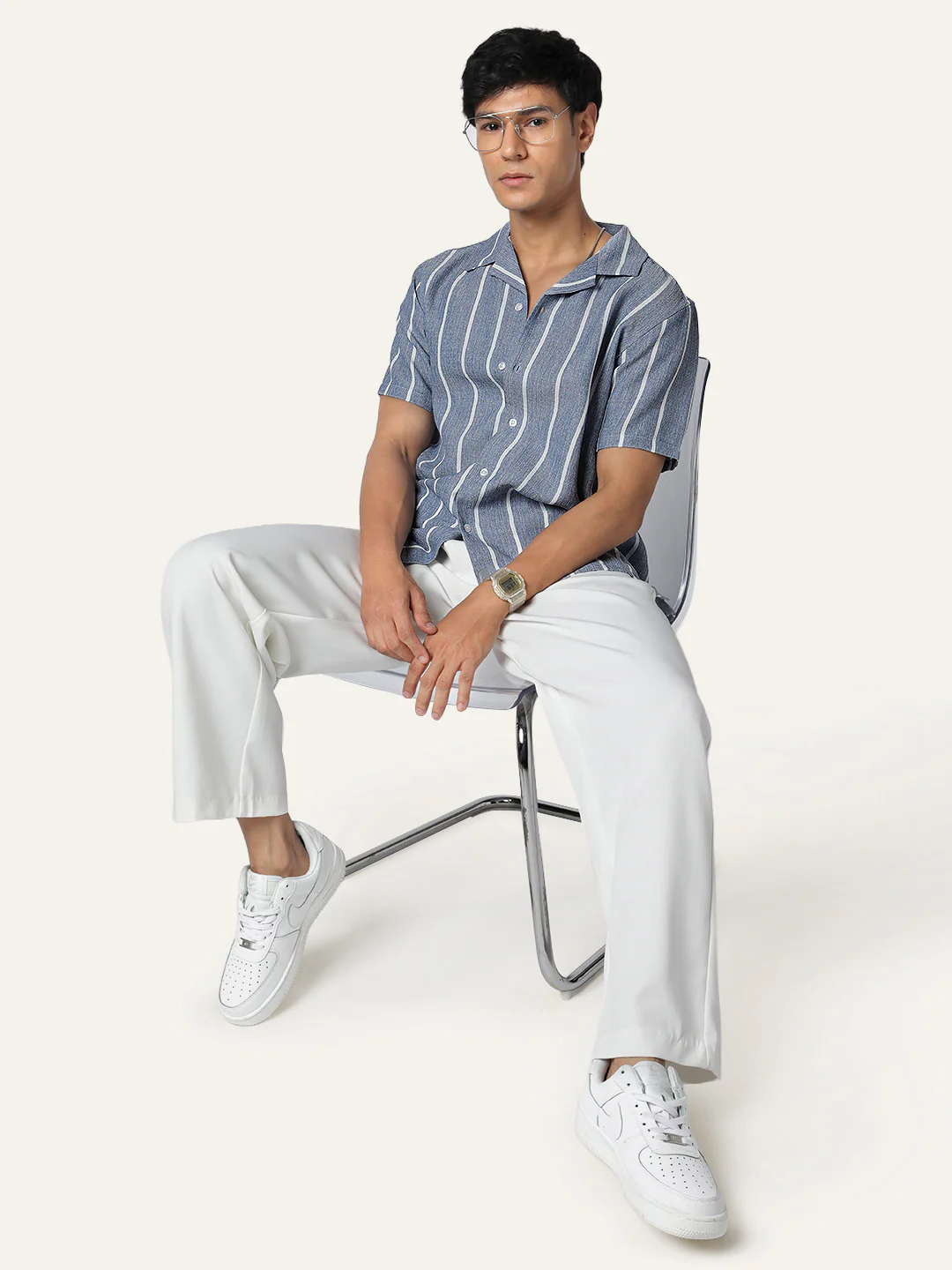 Men's Blue Cotton Half Sleeve Relaxed Fit Linen Striped Shirt with Cuban Collar - Image 5