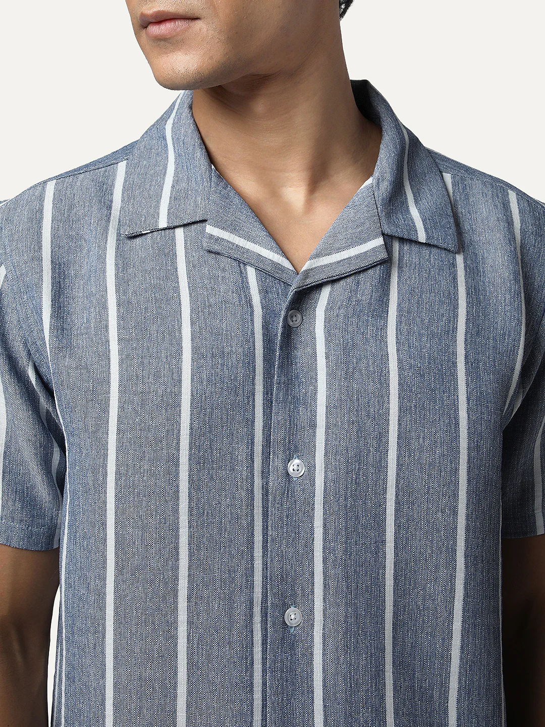 Men's Blue Cotton Half Sleeve Relaxed Fit Linen Striped Shirt with Cuban Collar - Image 6