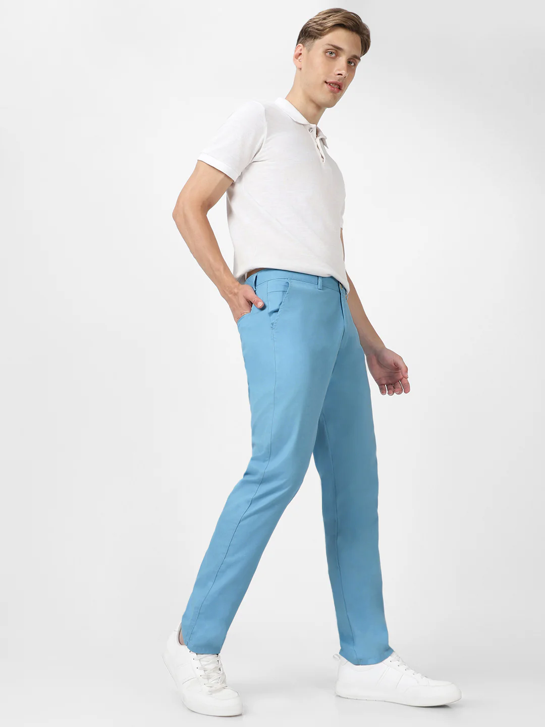 Men's Blue Cotton Slim Fit Casual Chinos Trousers - Image 4
