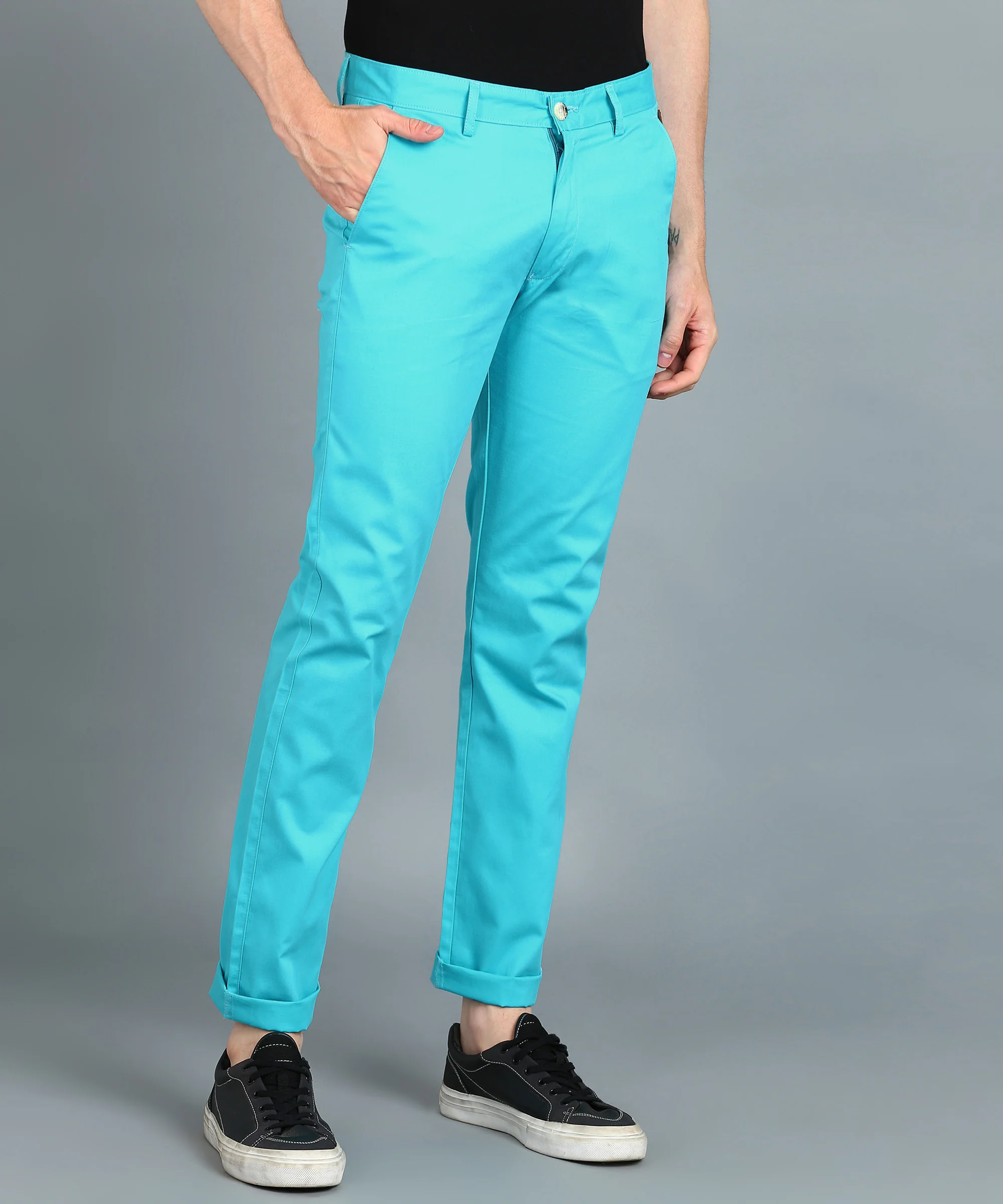 Men's Blue Cotton Slim Fit Casual Chinos Trousers - Image 3