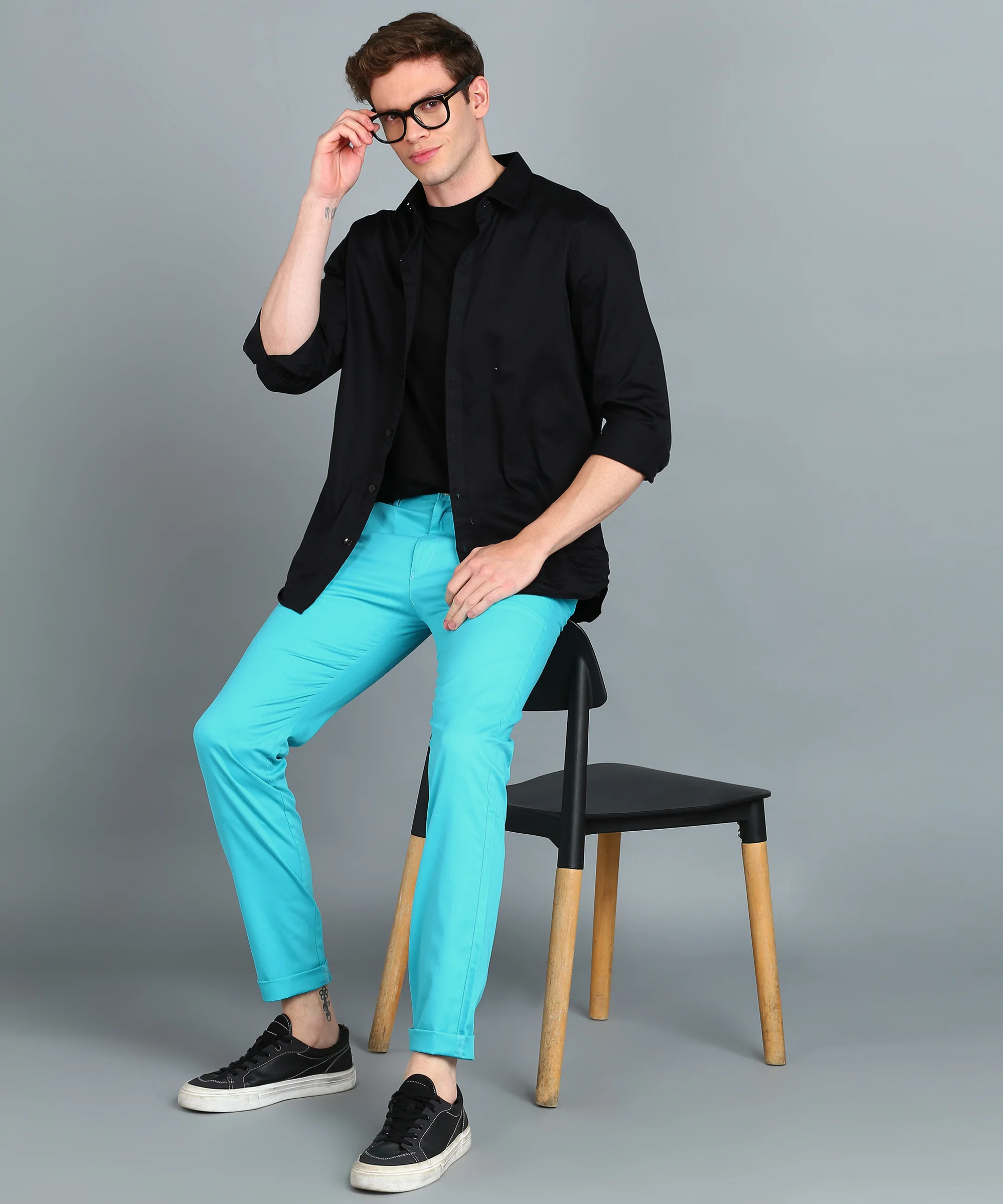 Men's Blue Cotton Slim Fit Casual Chinos Trousers - Image 5