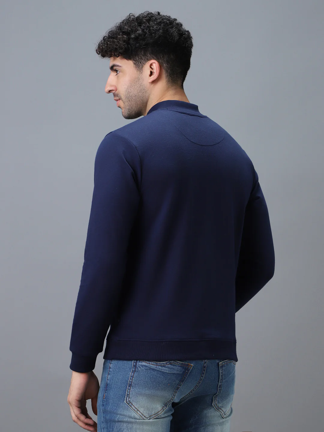 Men's Blue Cotton Solid Button High Neck Sweatshirt - Image 3