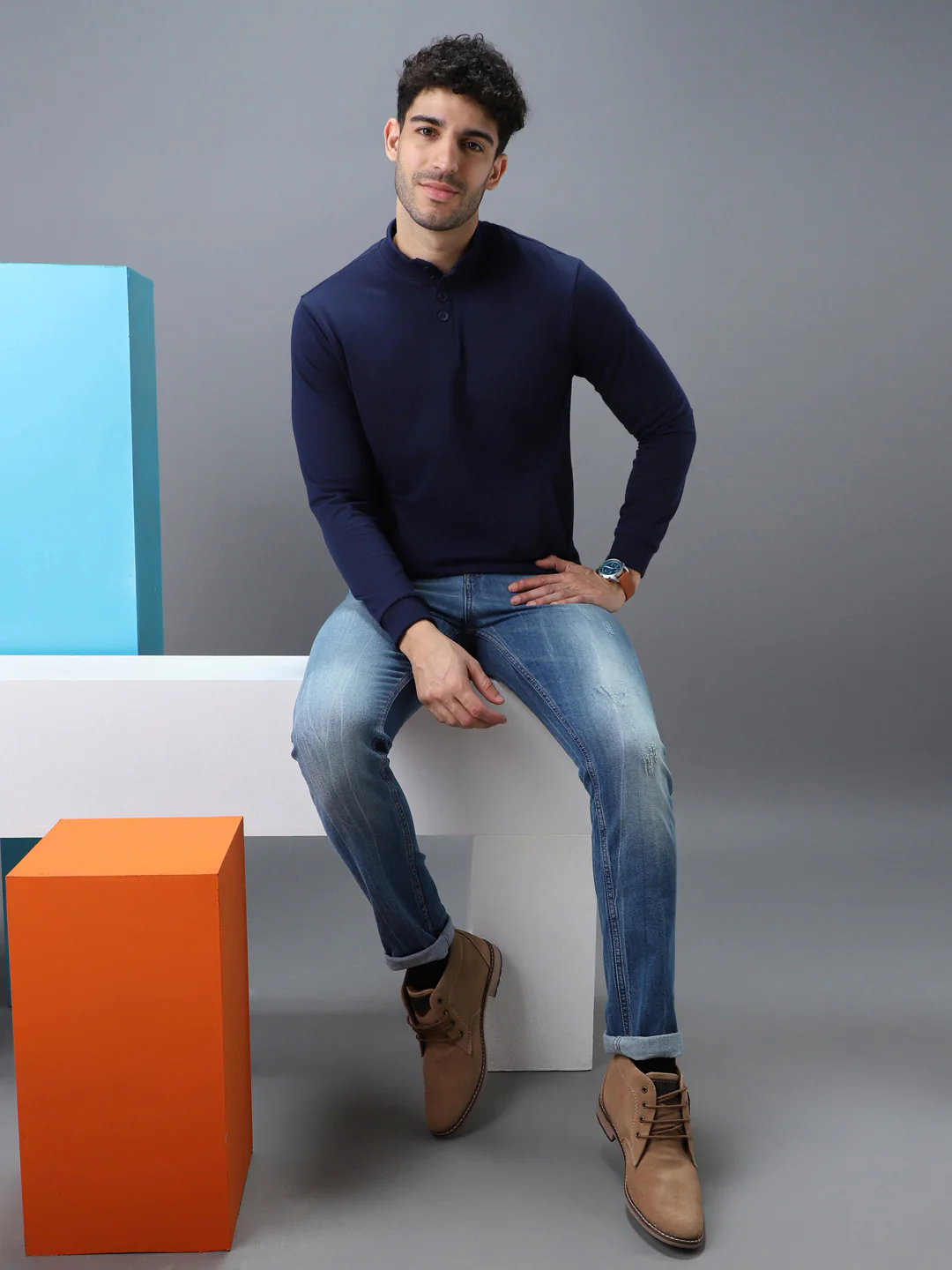Men's Blue Cotton Solid Button High Neck Sweatshirt - Image 4