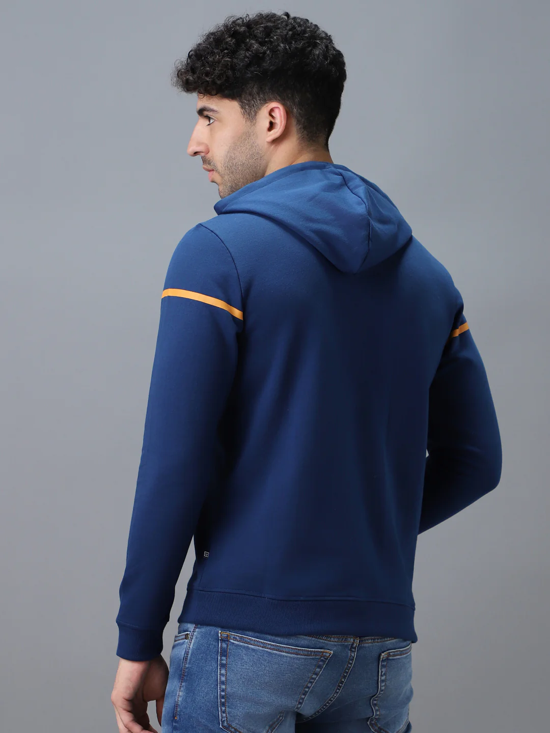 Men's Blue Cotton Solid Hooded Neck Sweatshirt - Image 3