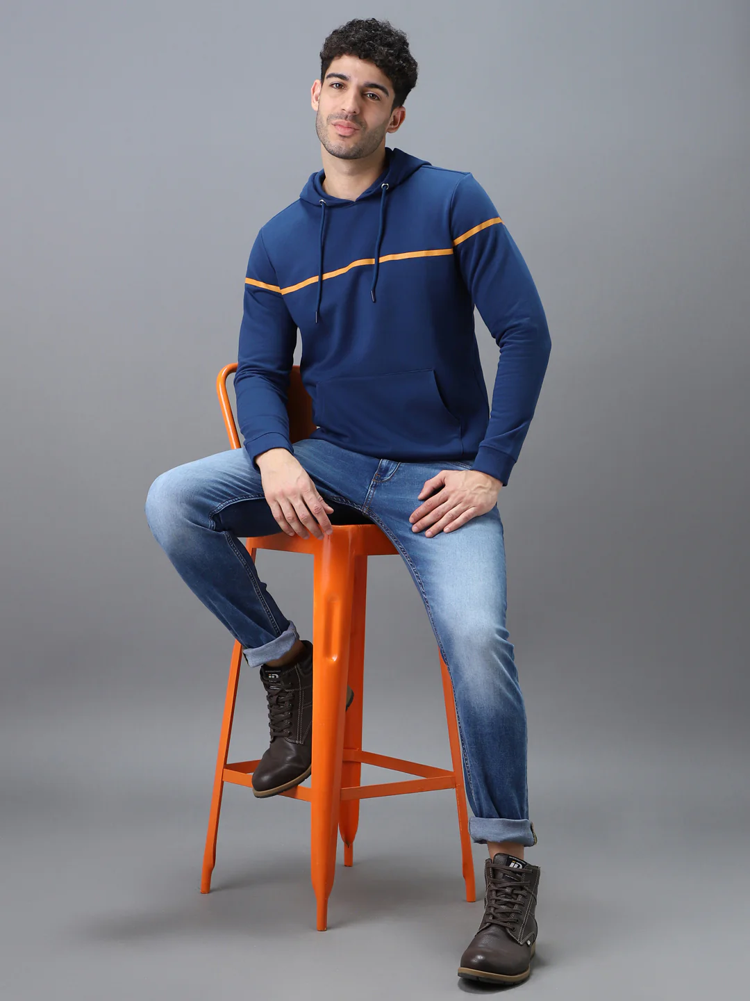 Men's Blue Cotton Solid Hooded Neck Sweatshirt - Image 4