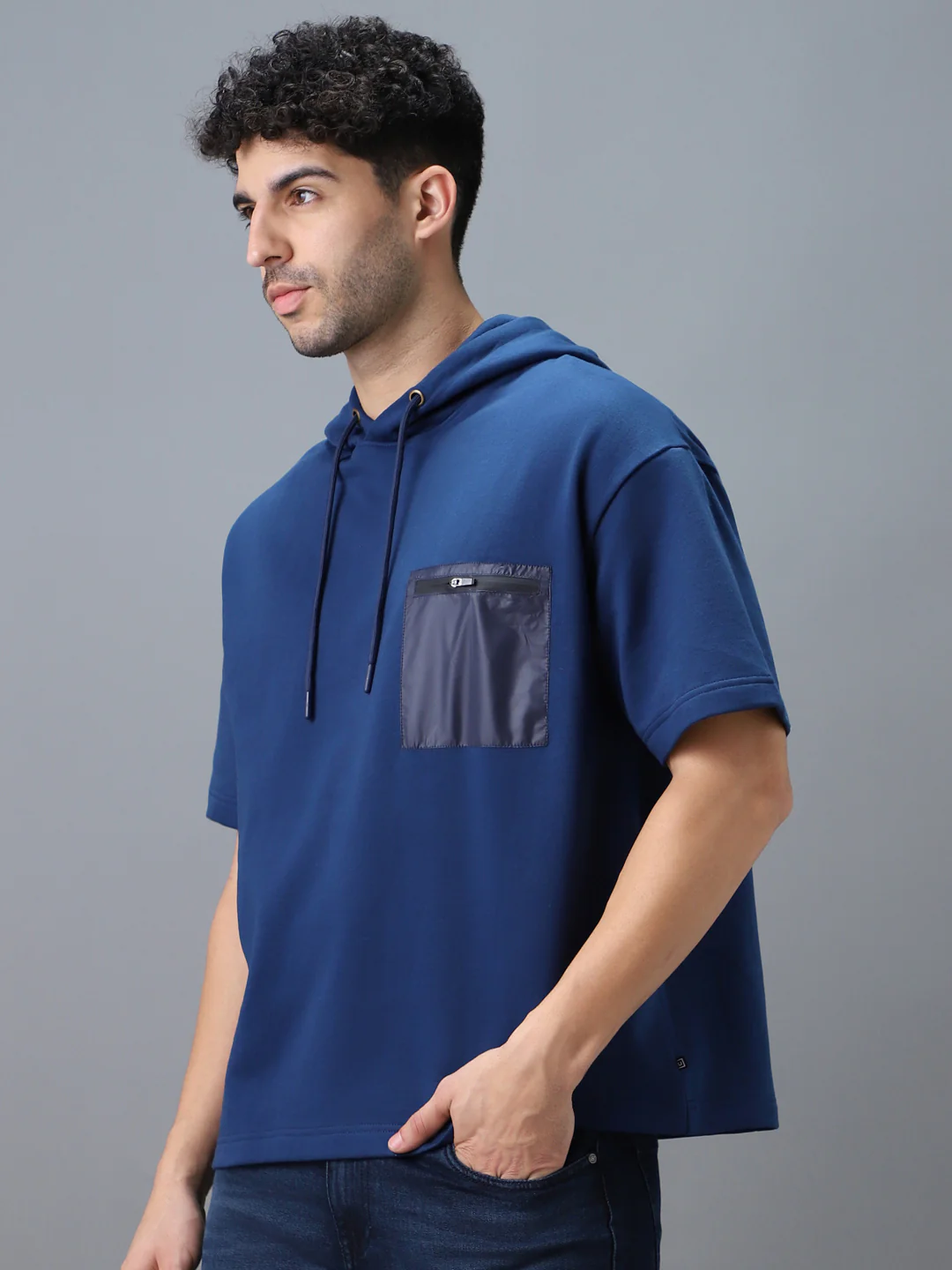 Men's Blue Cotton Solid Oversized Hooded Neck Sweatshirt - Image 2