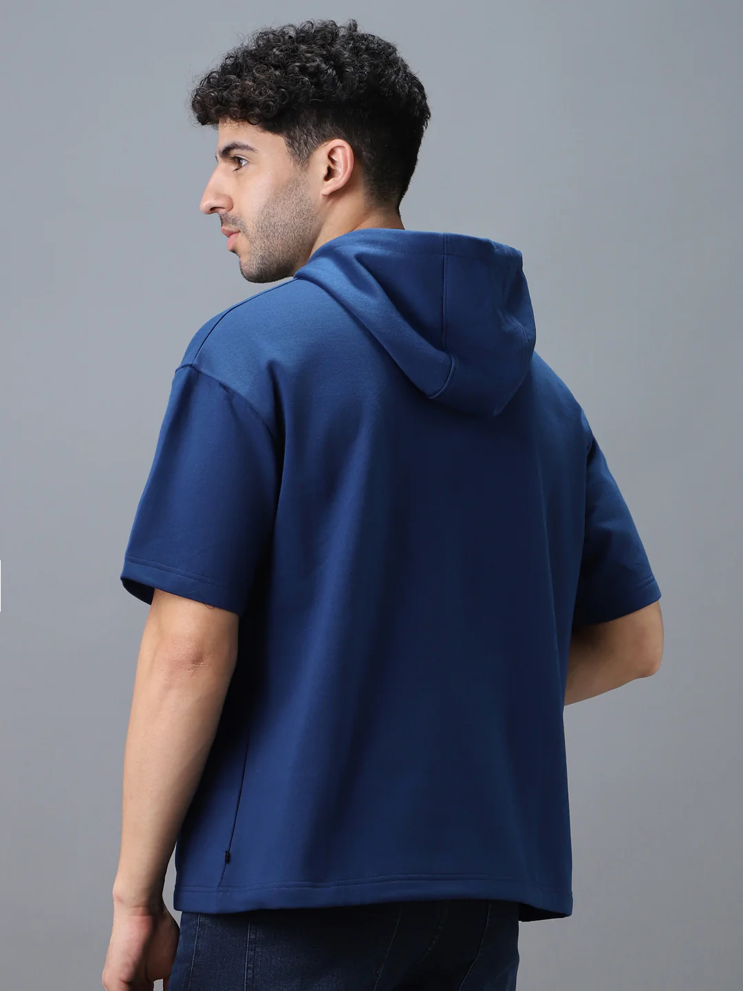 Men's Blue Cotton Solid Oversized Hooded Neck Sweatshirt - Image 3