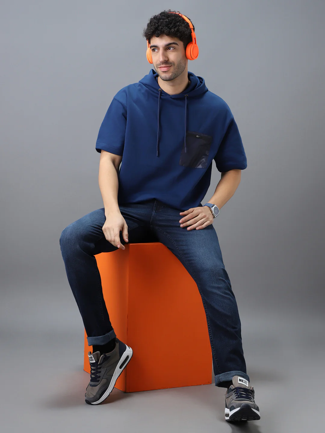 Men's Blue Cotton Solid Oversized Hooded Neck Sweatshirt - Image 4