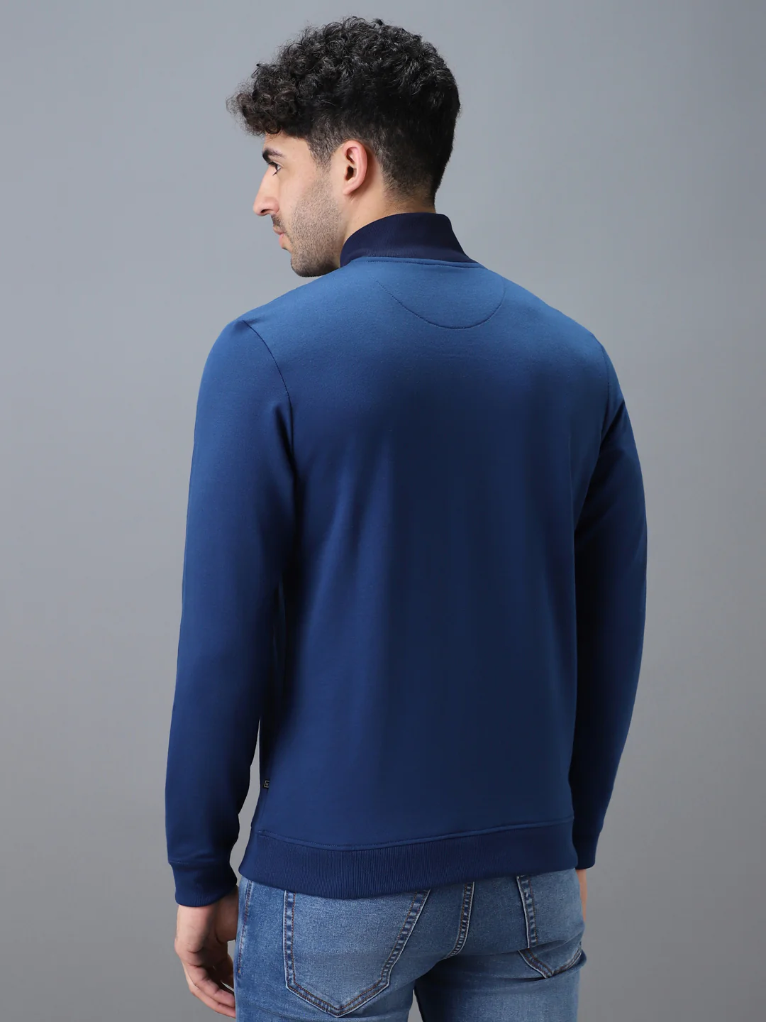 Men's Blue Cotton Solid Zippered High Neck Sweatshirt - Image 3