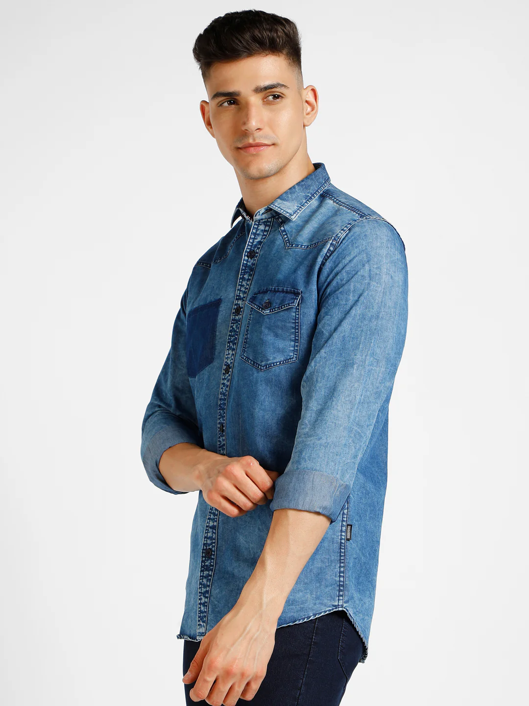 Men's Blue Denim Full Sleeve Slim Fit Washed Casual Shirt - Image 2