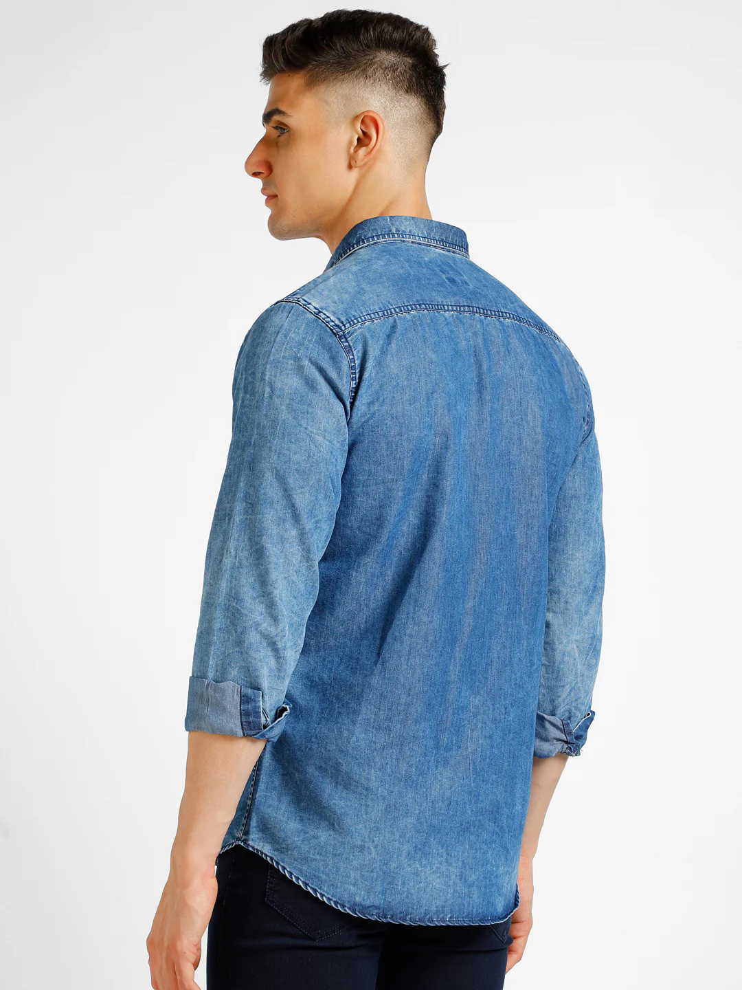 Men's Blue Denim Full Sleeve Slim Fit Washed Casual Shirt - Image 3