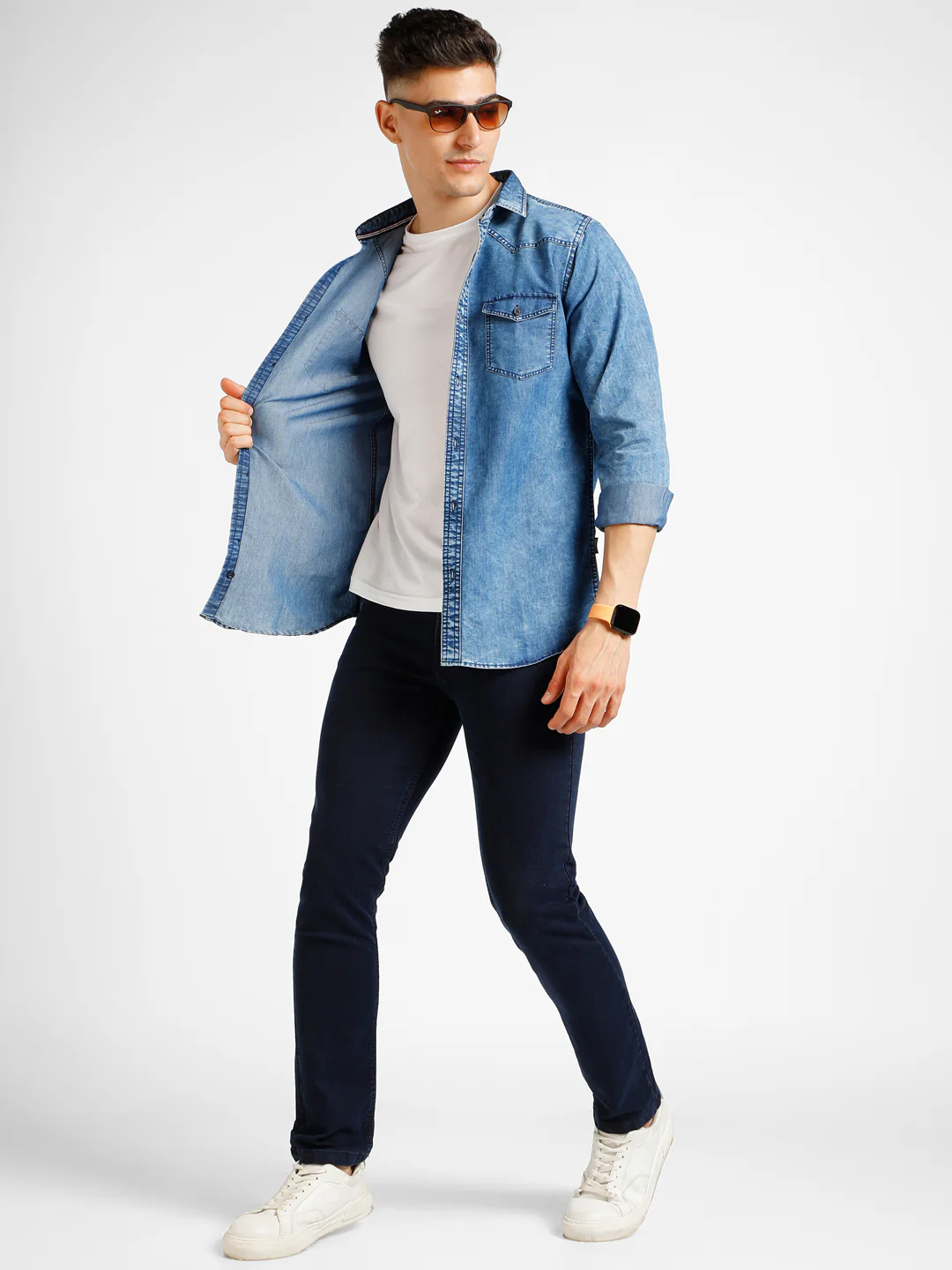 Men's Blue Denim Full Sleeve Slim Fit Washed Casual Shirt - Image 4