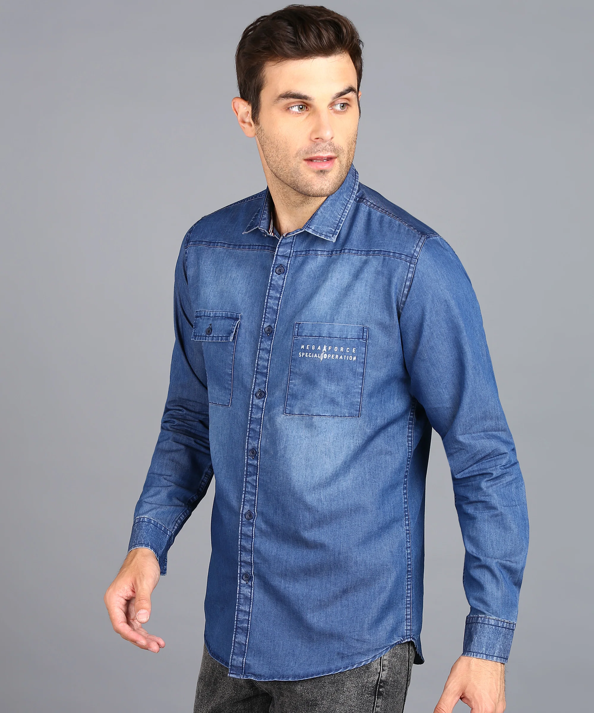 Men's Blue Denim Full Sleeve Slim Fit Washed Casual Shirt - Image 2