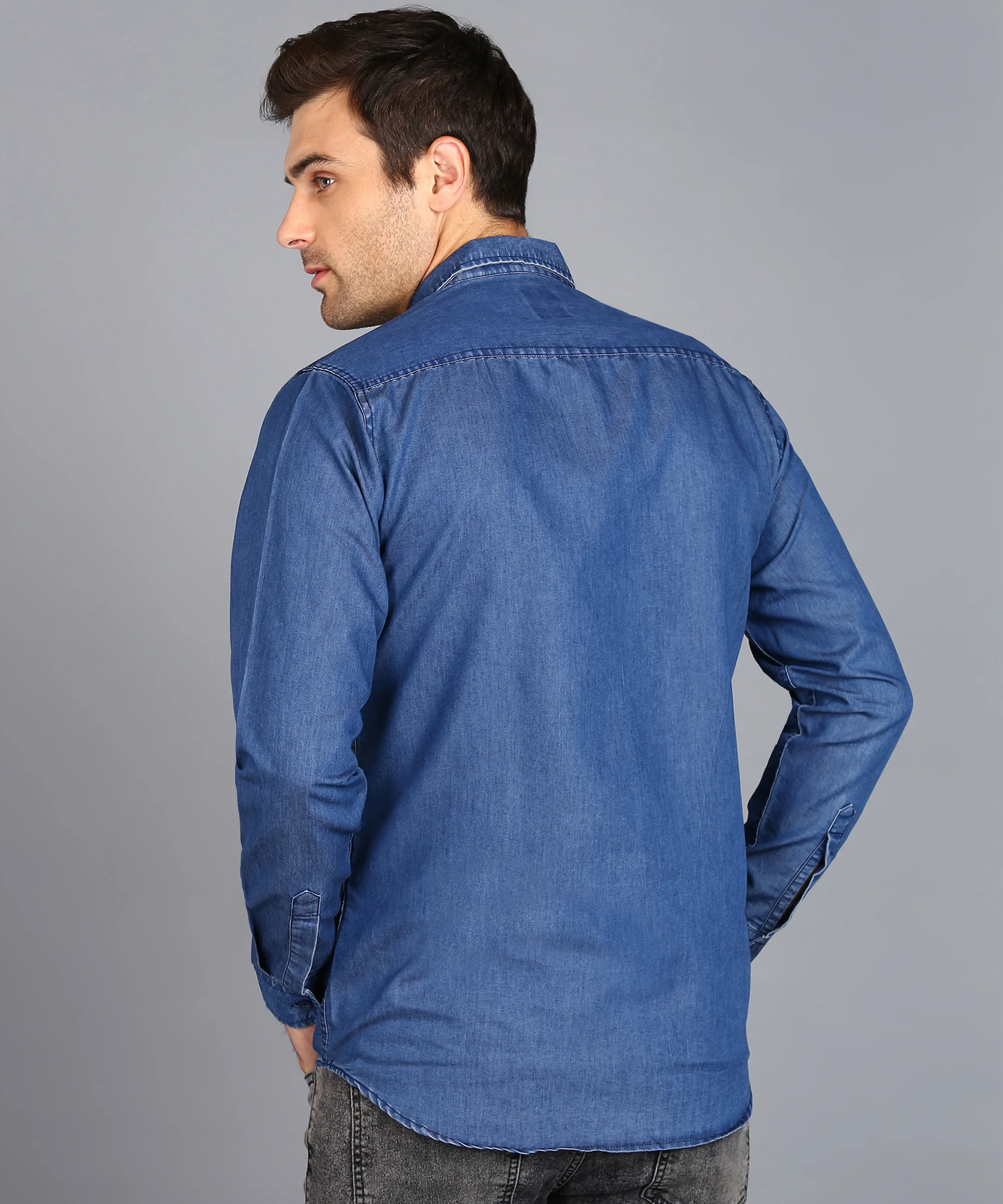 Men's Blue Denim Full Sleeve Slim Fit Washed Casual Shirt - Image 3