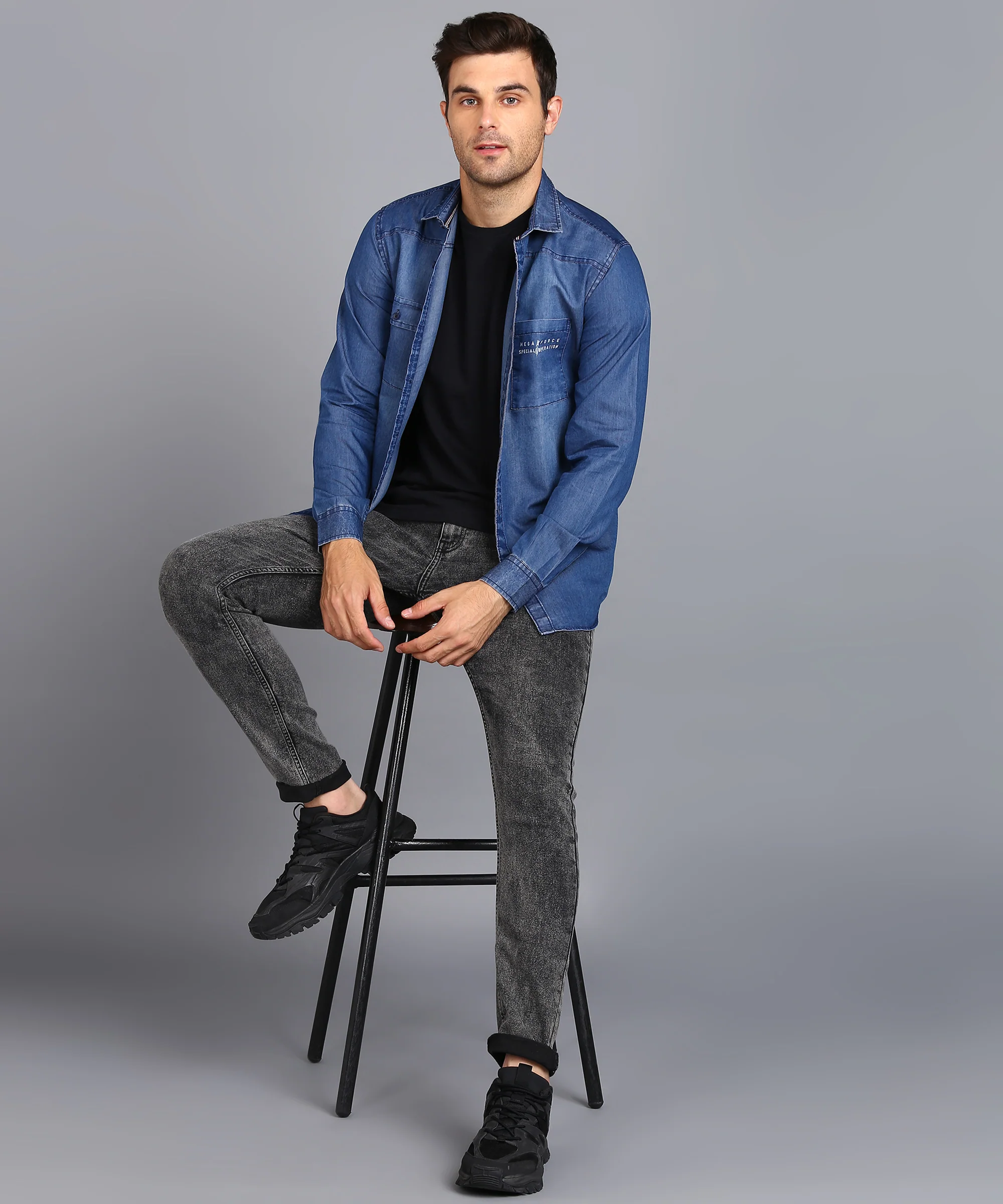 Men's Blue Denim Full Sleeve Slim Fit Washed Casual Shirt - Image 4