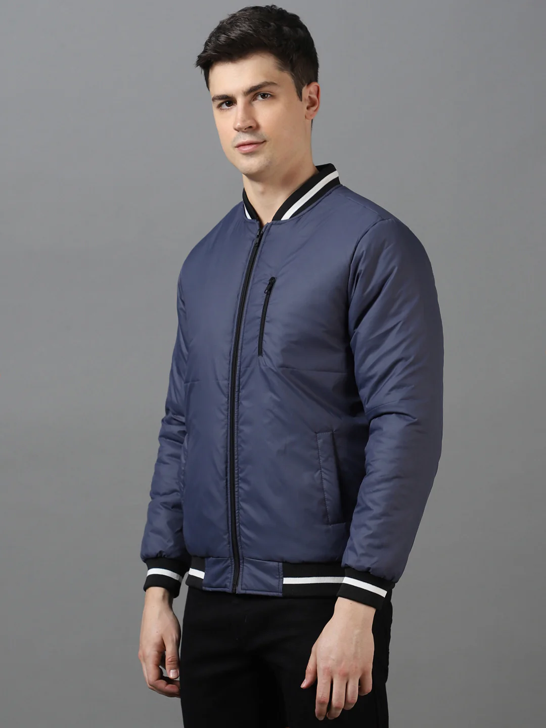 Men's Blue Full Sleeve Zippered Bomber Jacket - Image 2