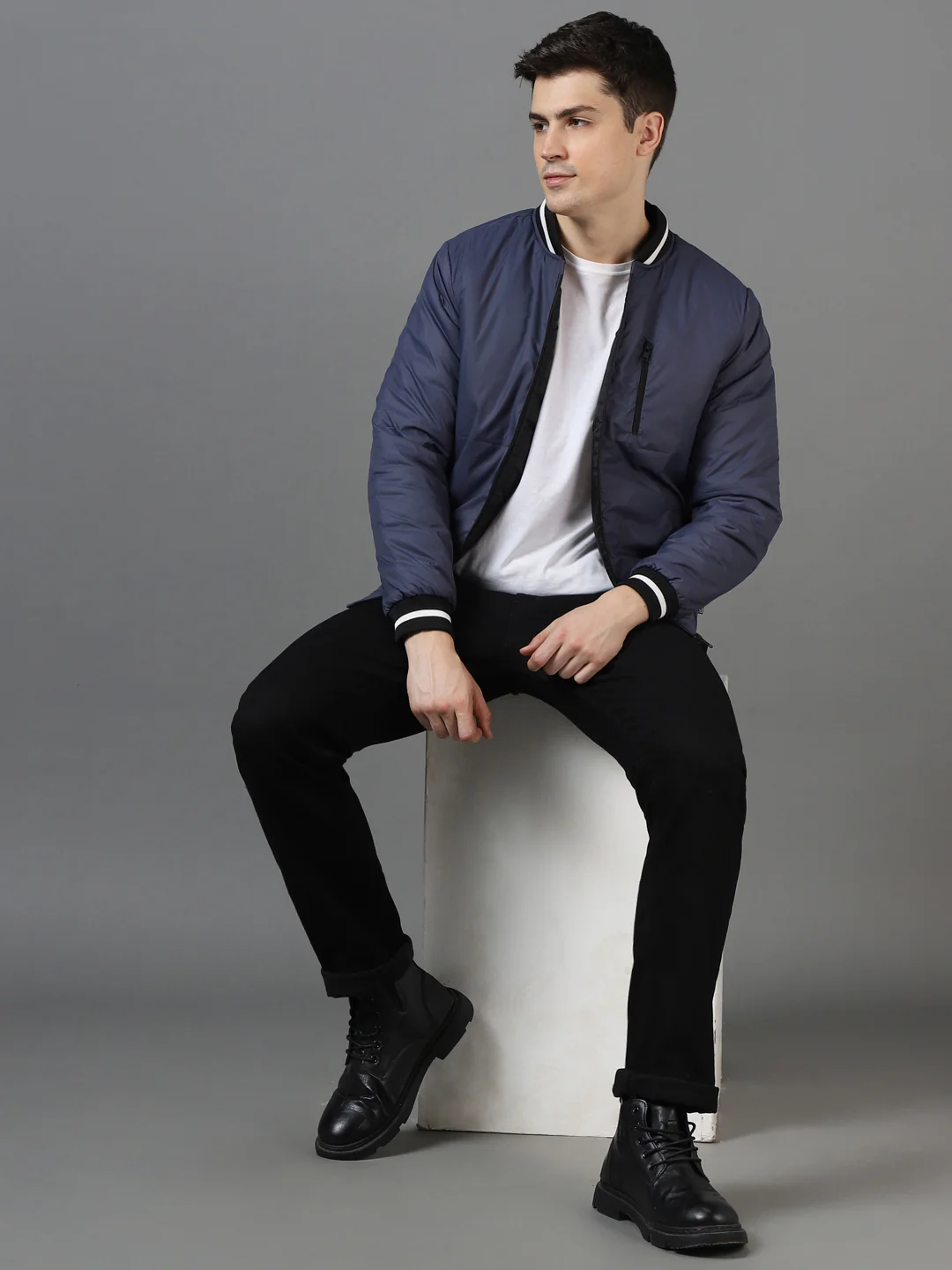 Men's Blue Full Sleeve Zippered Bomber Jacket - Image 4