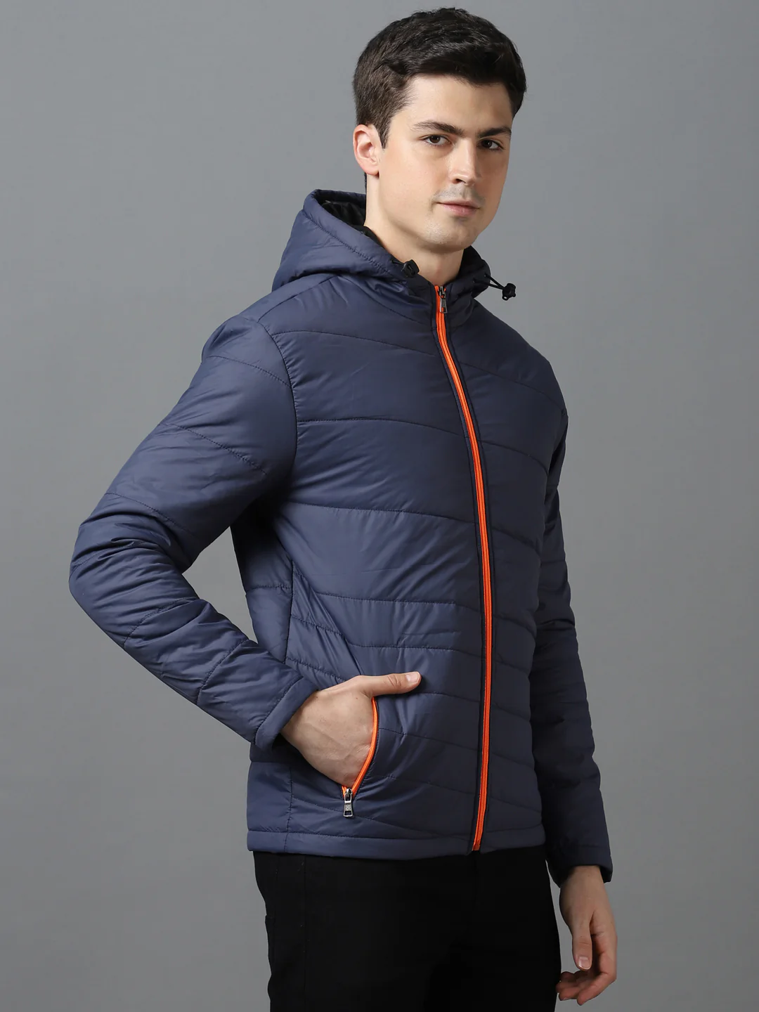 Men's Blue Full Sleeve Zippered Hooded Neck Puffer Jacket - Image 2