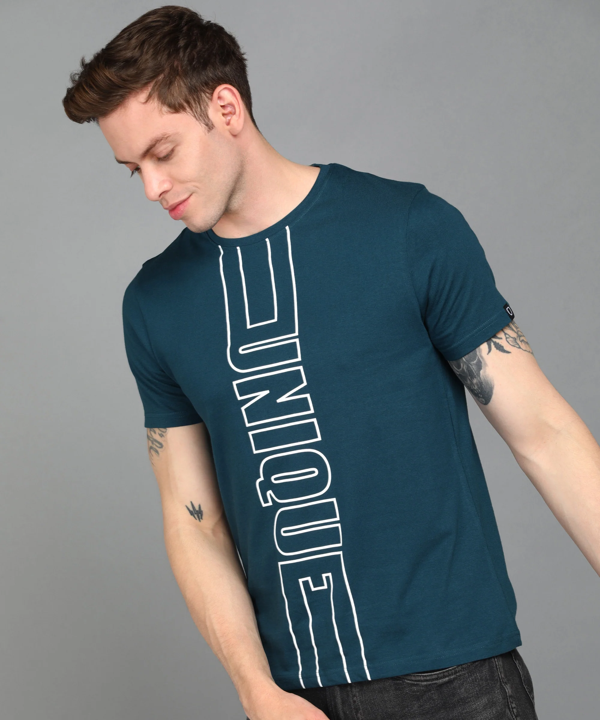Urbano Fashion Men's Blue Graphic Printed Round Neck Half Sleeve Slim Fit Cotton T-Shirt - Image 2