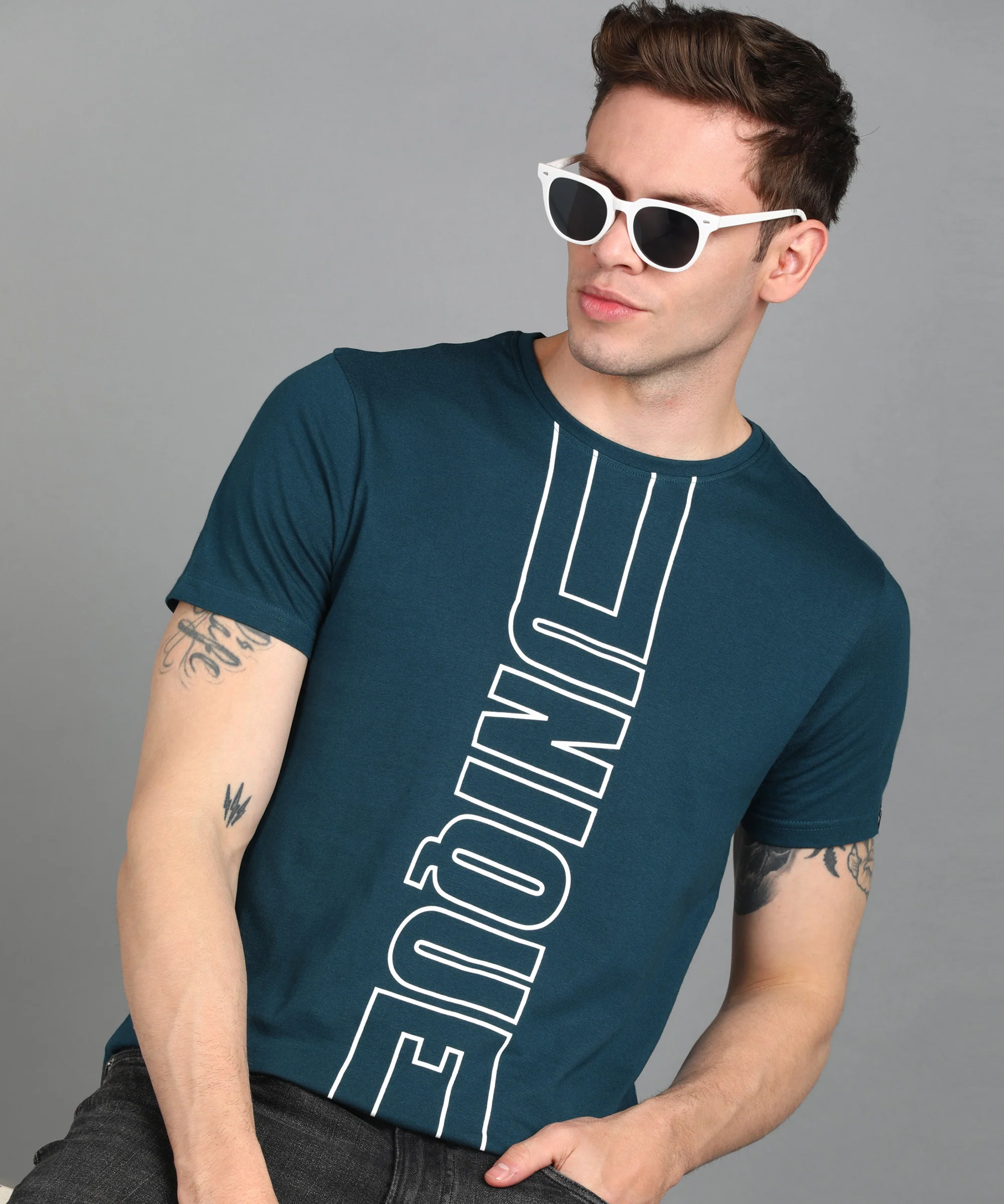 Urbano Fashion Men's Blue Graphic Printed Round Neck Half Sleeve Slim Fit Cotton T-Shirt - Image 4