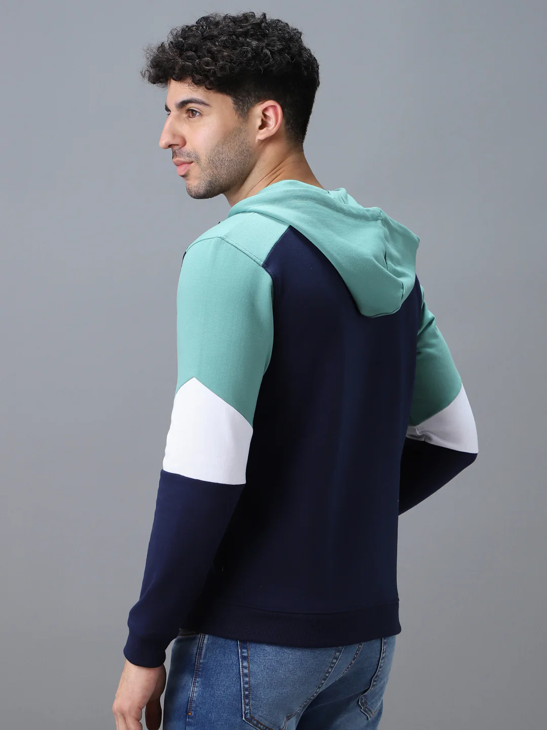 Men's Blue, Green Cotton Color Block Hooded Neck Sweatshirt - Image 3