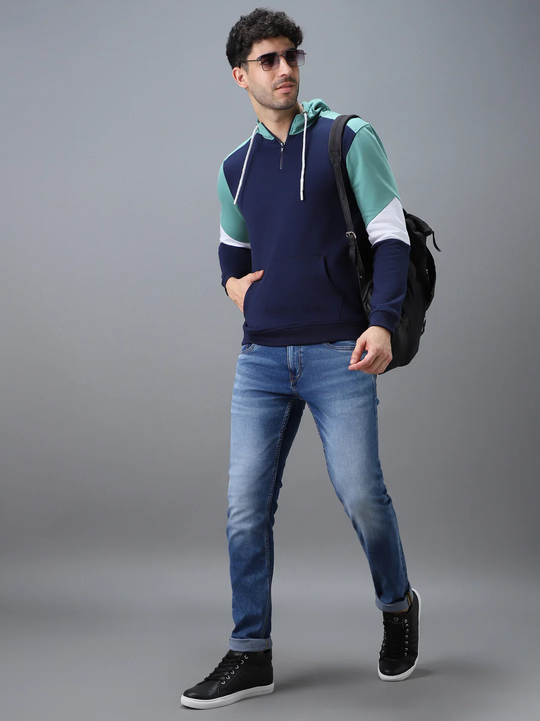 Men's Blue, Green Cotton Color Block Hooded Neck Sweatshirt - Image 4