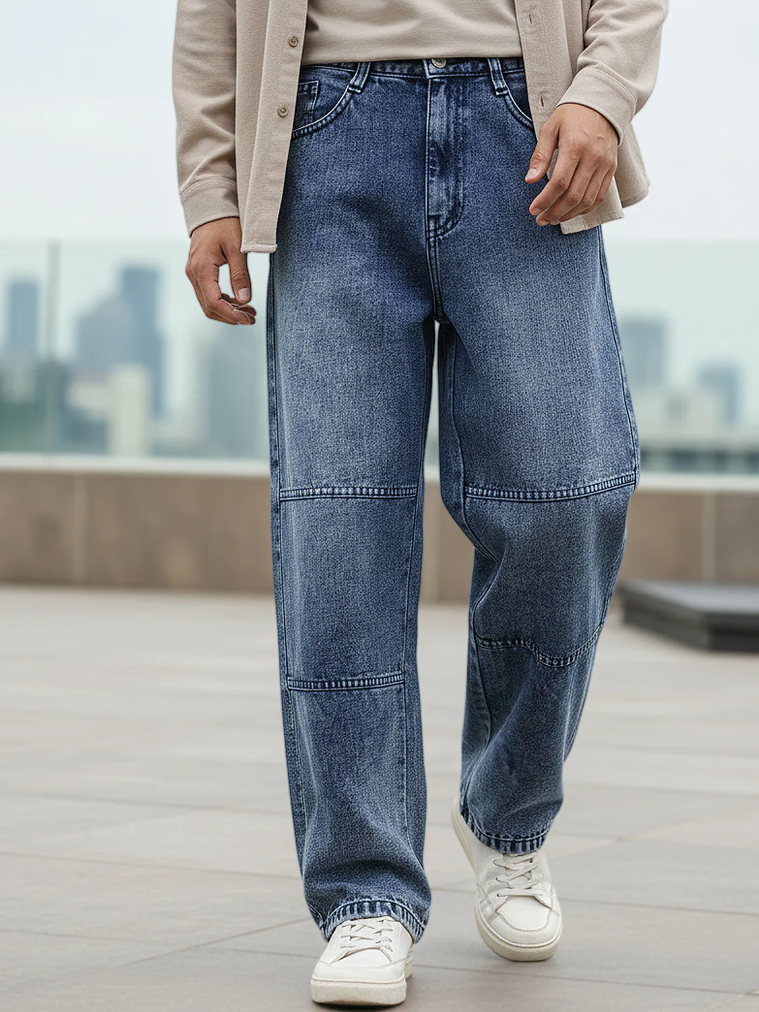 Men's Blue Loose Baggy Fit Cut and Sew Panelled Jeans Non-Stretchable