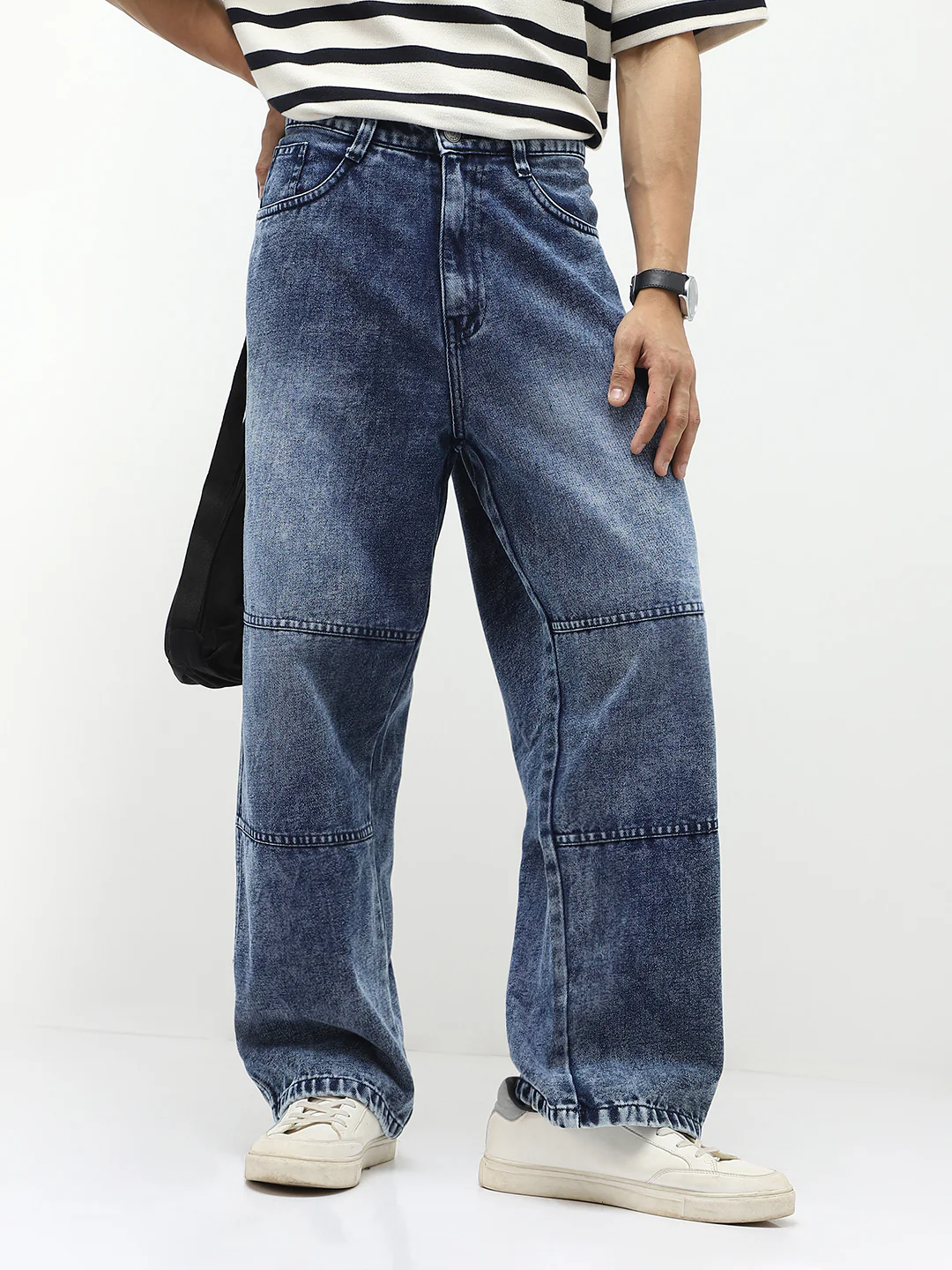 Men's Blue Loose Baggy Fit Cut and Sew Panelled Jeans Non-Stretchable - Image 2