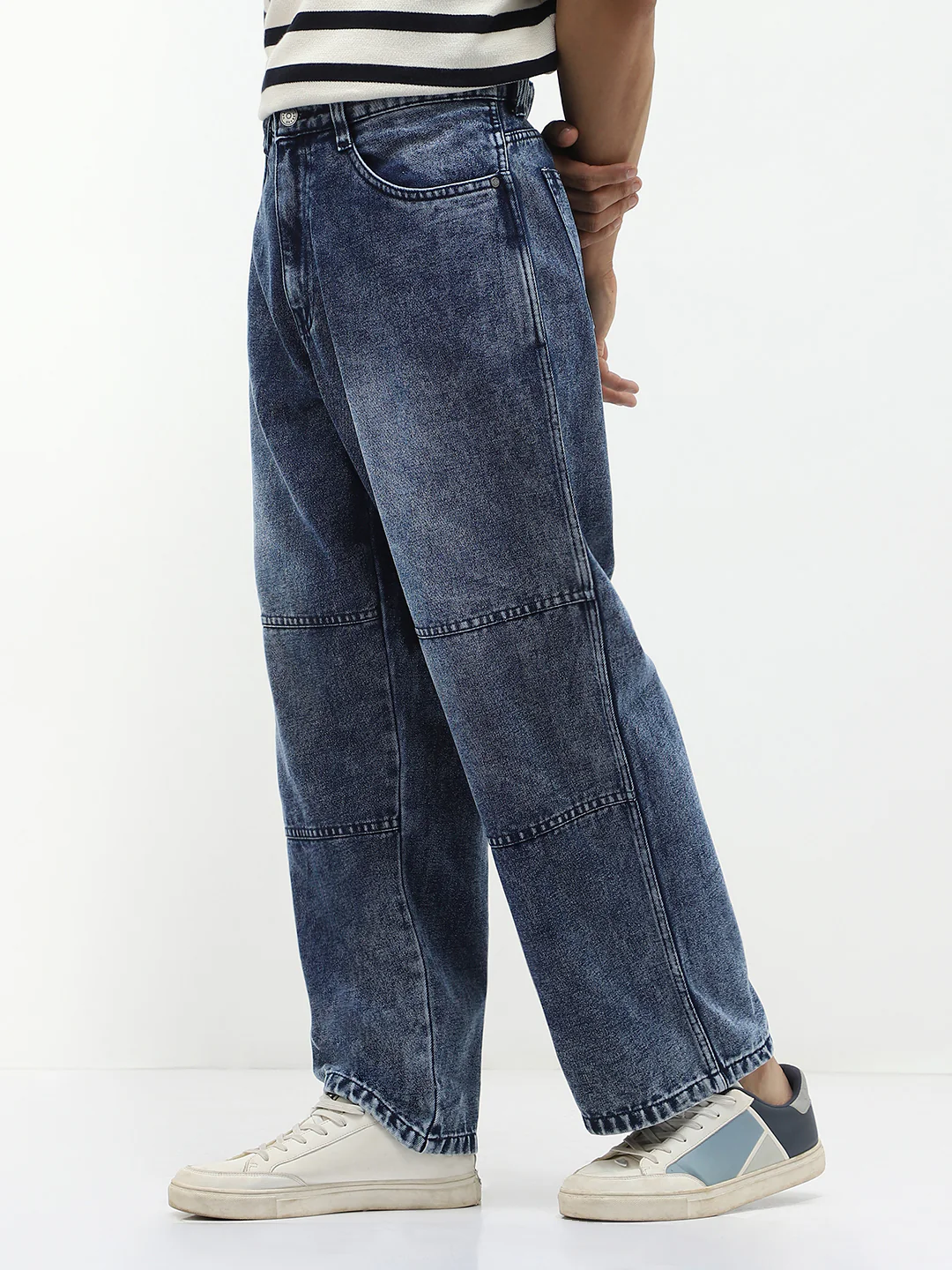 Men's Blue Loose Baggy Fit Cut and Sew Panelled Jeans Non-Stretchable - Image 3