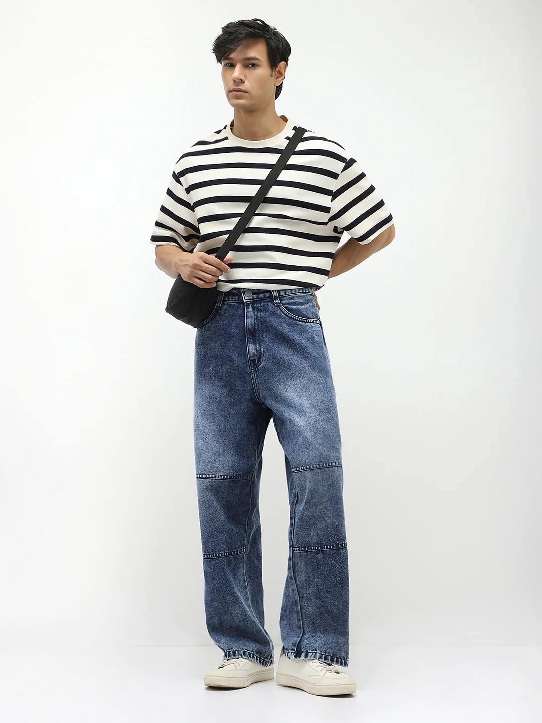 Men's Blue Loose Baggy Fit Cut and Sew Panelled Jeans Non-Stretchable - Image 5