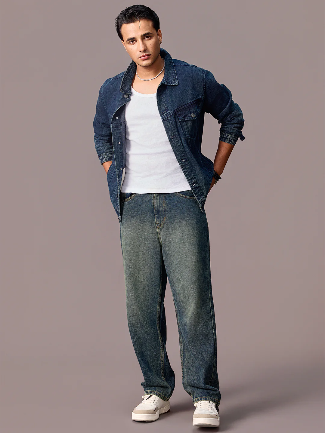 Men's Blue Loose Baggy Fit Heavy Washed Jeans Non-Stretchable