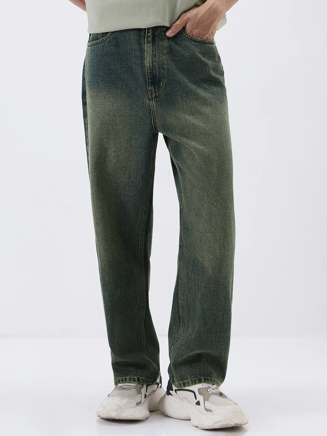 Men's Blue Loose Baggy Fit Heavy Washed Jeans Non-Stretchable - Image 2