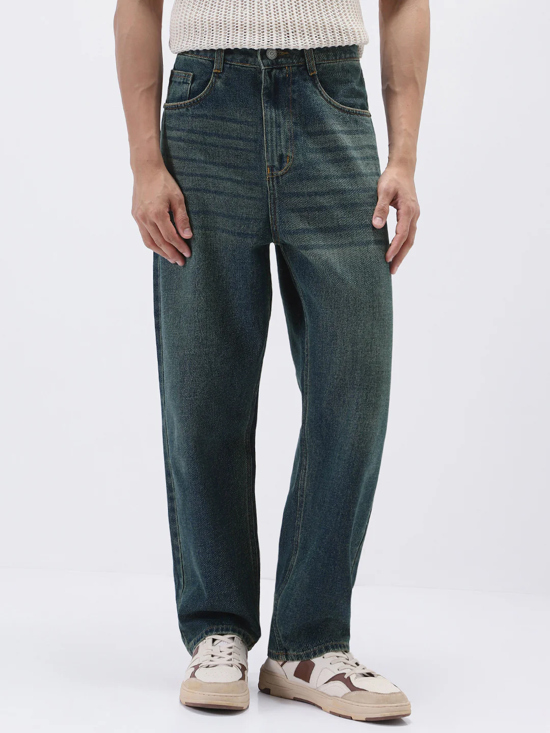 Men's Blue Loose Baggy Fit Heavy Washed Jeans Non-Stretchable