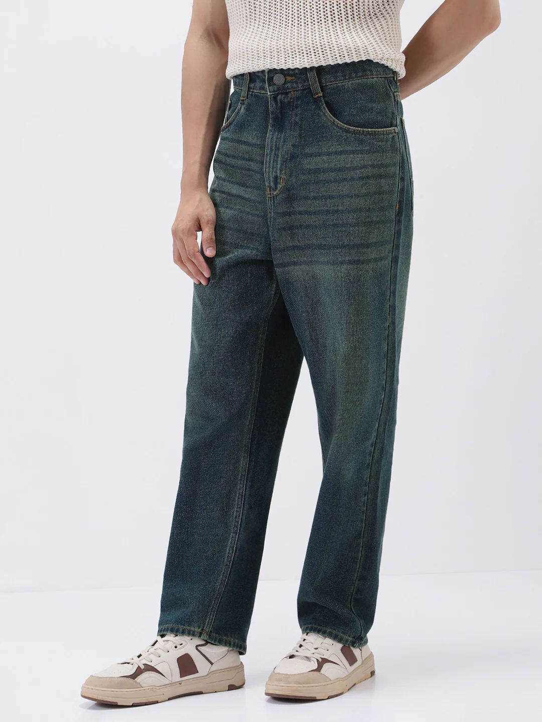 Men's Blue Loose Baggy Fit Heavy Washed Jeans Non-Stretchable - Image 2