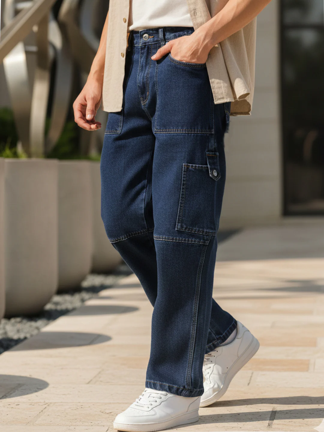 Men's Blue Loose Baggy Fit Washed Cargo Jeans with 6 Pockets Non-Stretchable