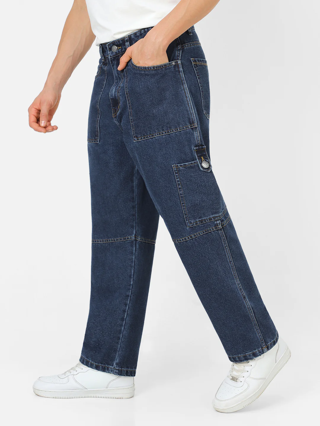 Men's Blue Loose Baggy Fit Washed Cargo Jeans with 6 Pockets Non-Stretchable - Image 2