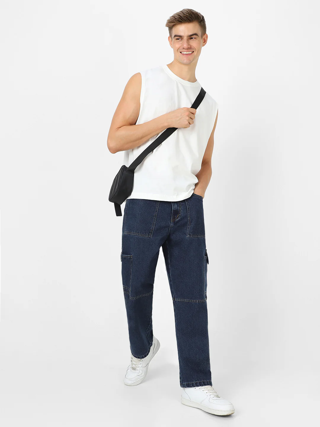 Men's Blue Loose Baggy Fit Washed Cargo Jeans with 6 Pockets Non-Stretchable - Image 4